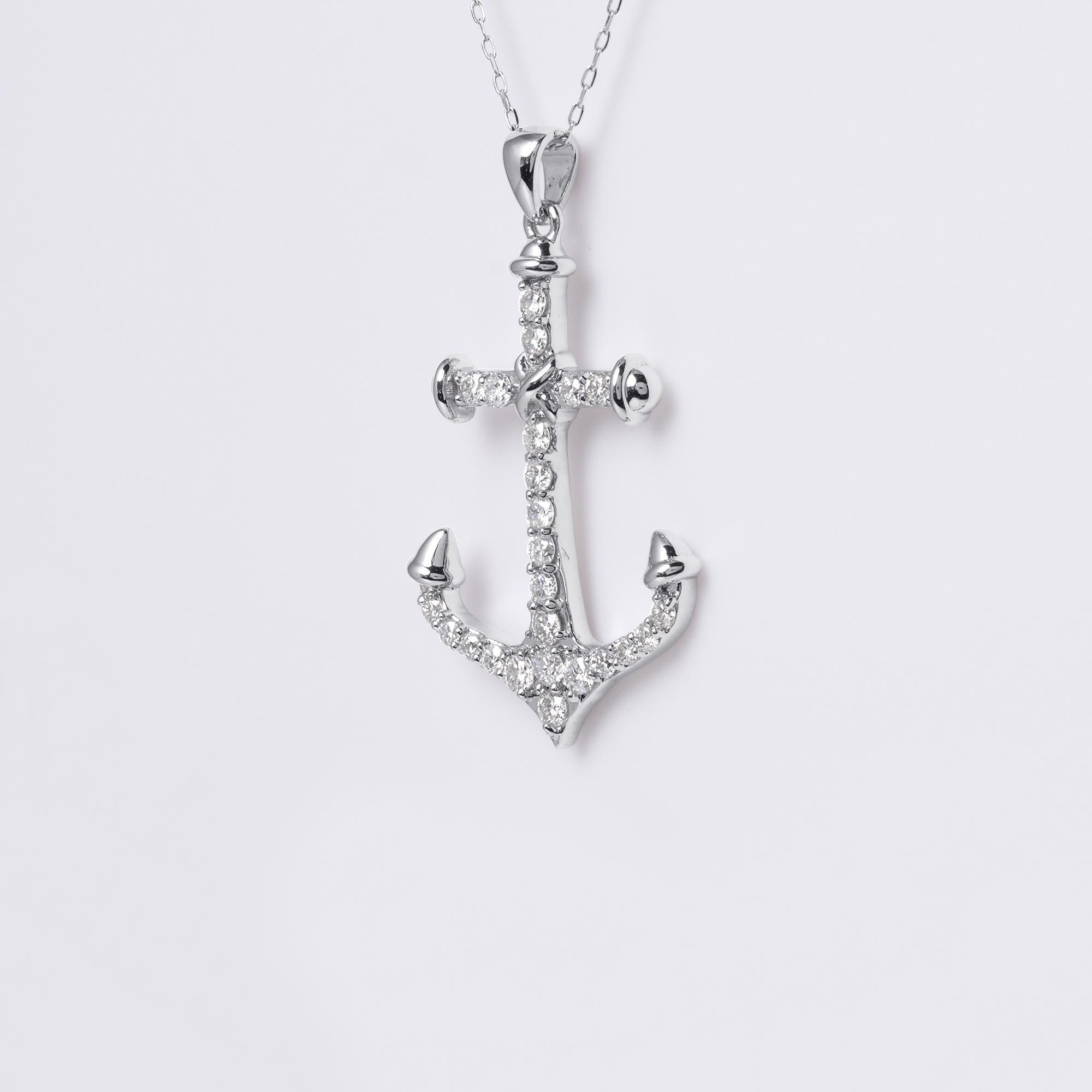 Vintage Anchor Nautical 0.27 Carats Diamond Necklace 18K White Gold In Good Condition For Sale In Los Angeles, CA