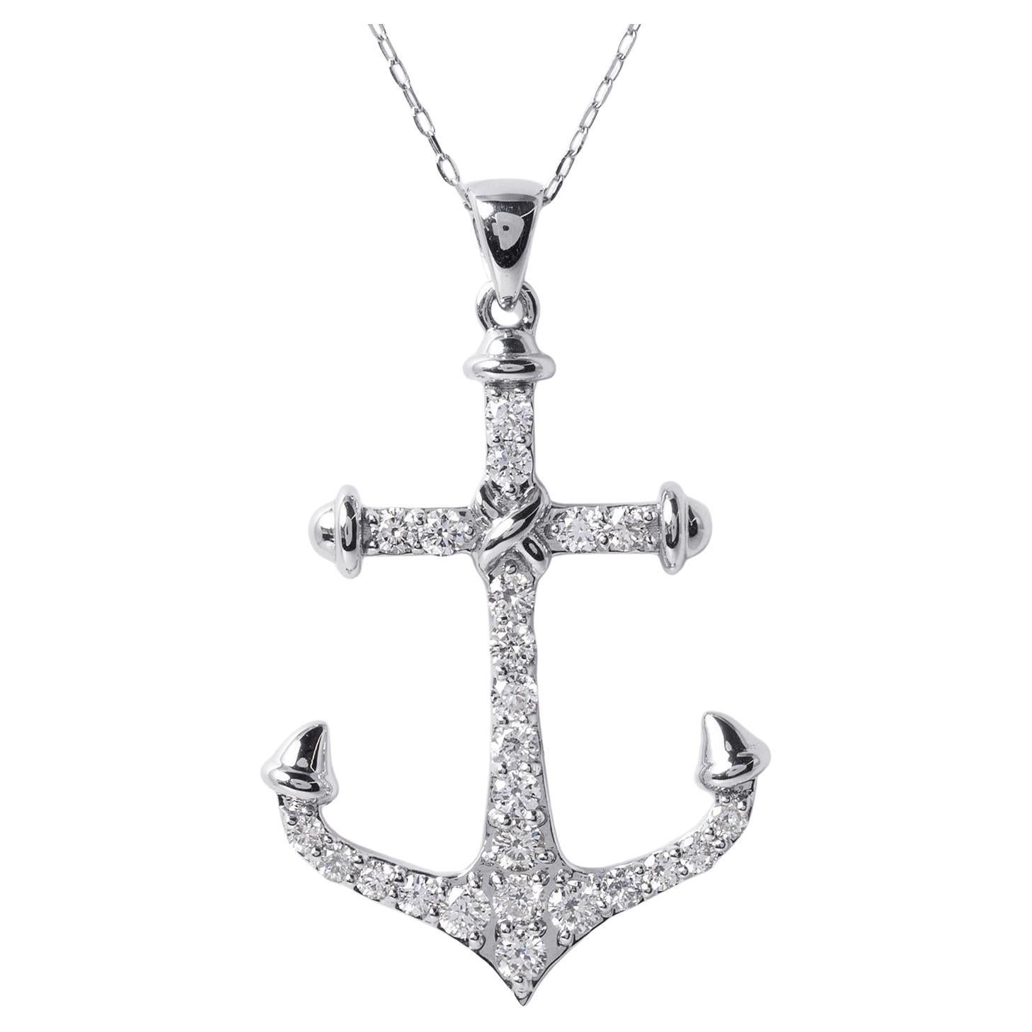 Vintage Anchor Nautical 0.27 Carats Diamond Necklace 18K White Gold For Sale