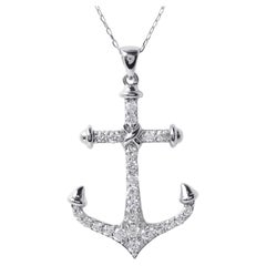 Vintage Anchor Nautical 0.27 Carats Diamond Necklace 18K White Gold