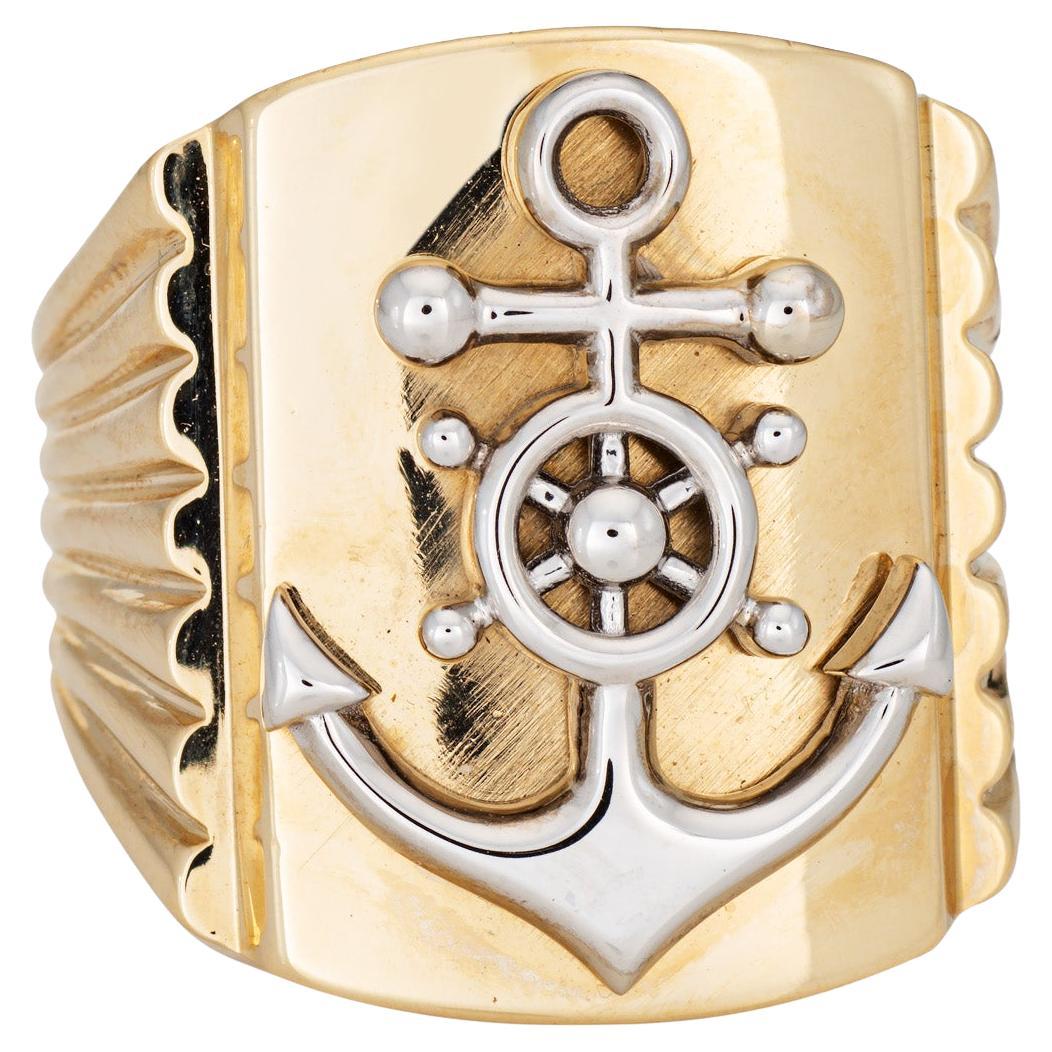 Vintage Anchor Ring Sz 12,5 14k Gelbgold Schiffe Rad nautischen Herrenschmuck im Angebot