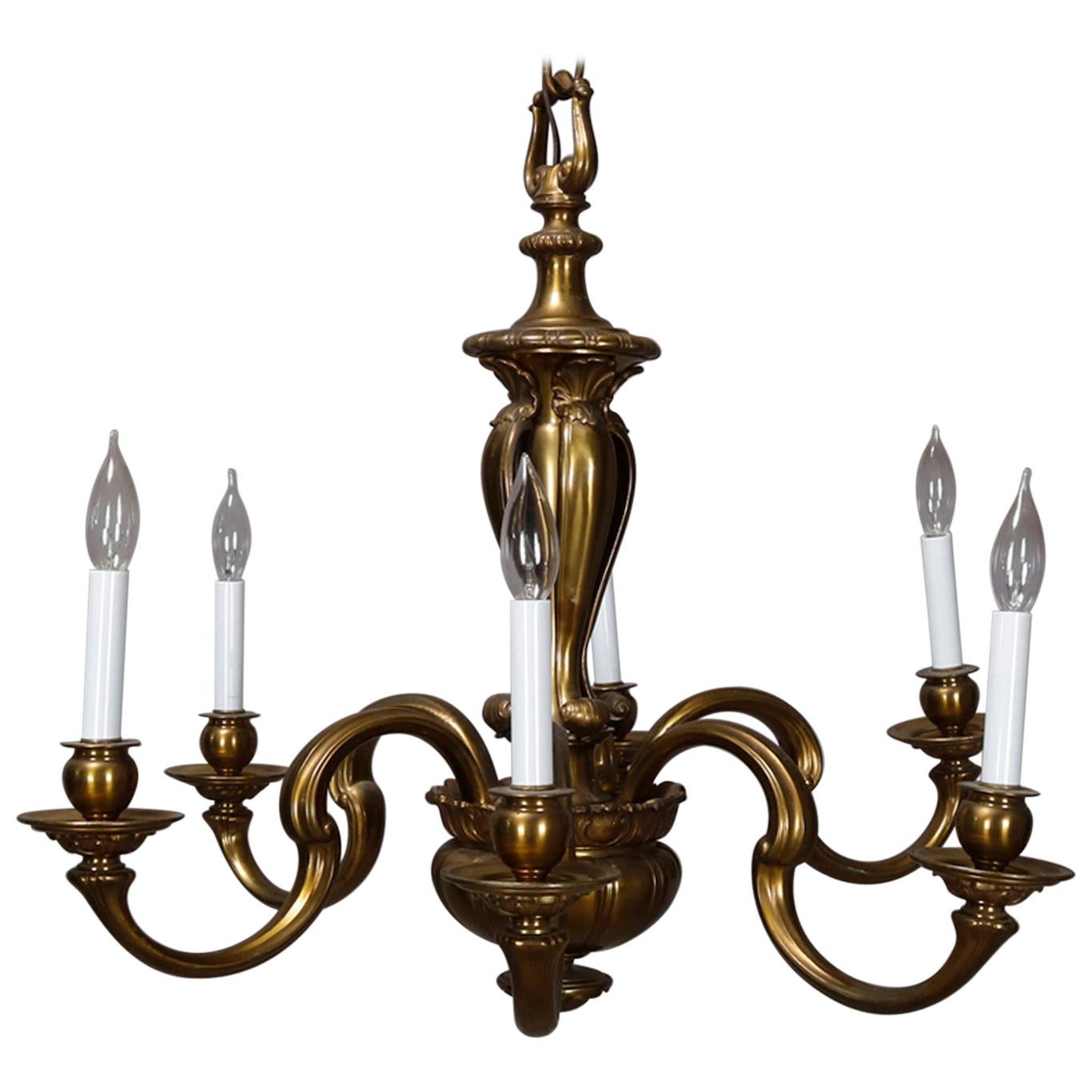 Vintage and Large French Empire Bronze 6-Light Chandelier, circa 1940 For Sale