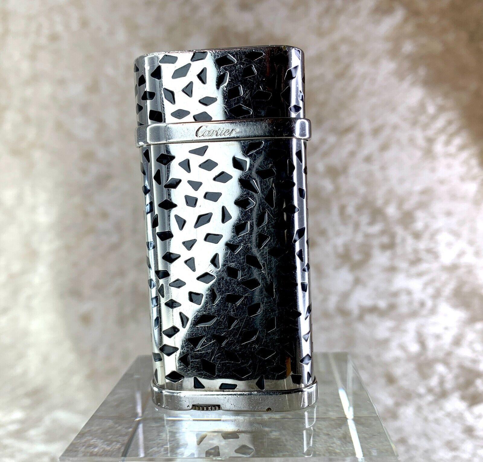 Vintage & Rare Cartier Lighter Black Enamel “Panthere“ Spots Palladium Finish For Sale 5