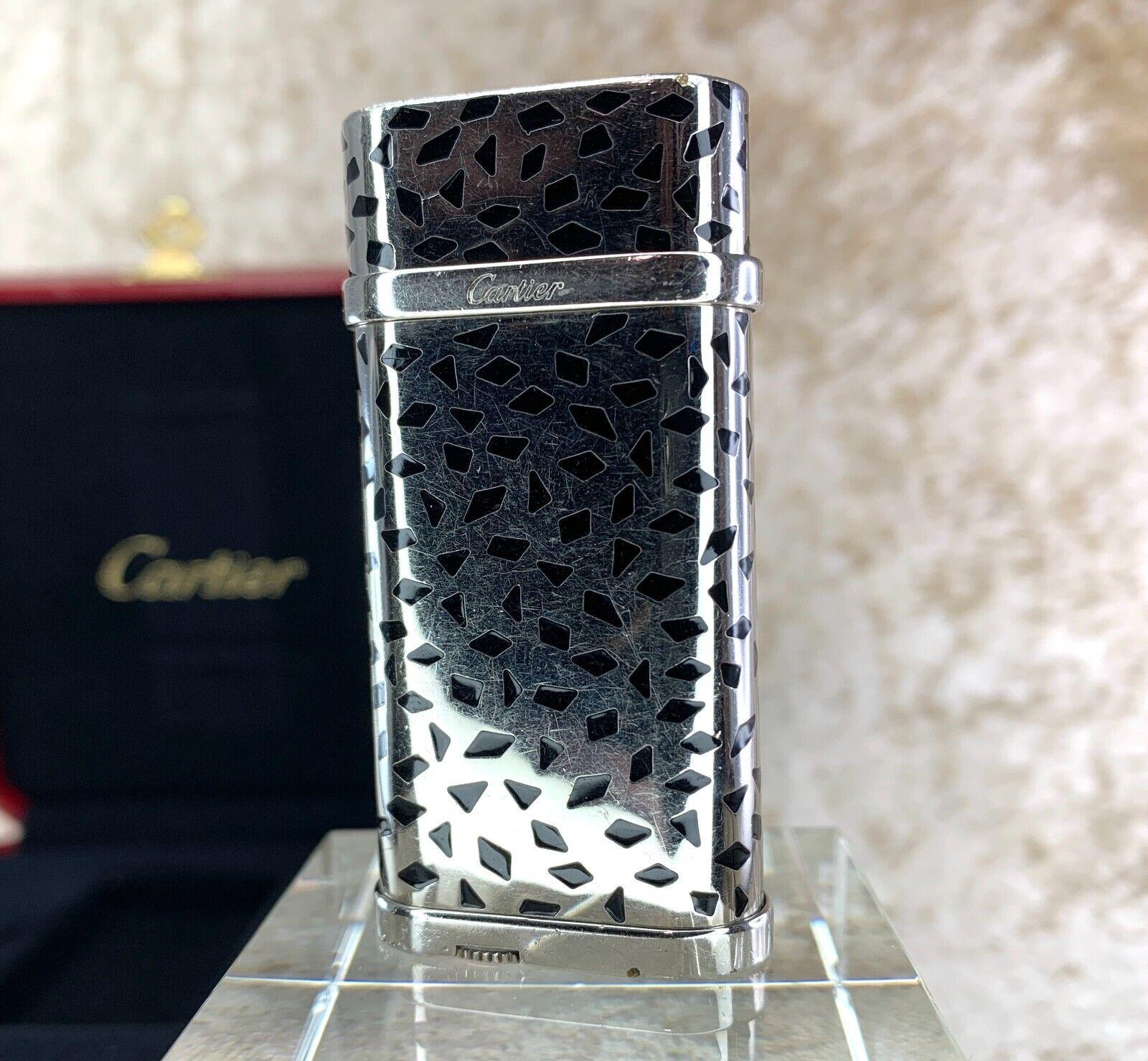 Vintage & Rare Cartier Lighter Black Enamel “Panthere“ Spots Palladium Finish For Sale 6