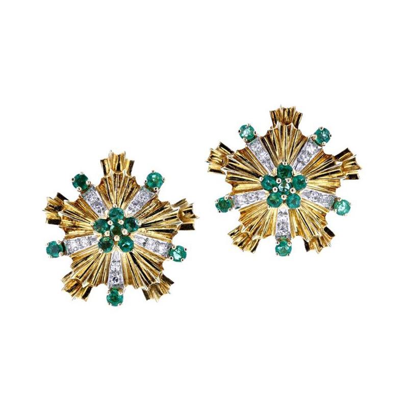 Round Cut Vintage and Retro Tiffany & Co. Emerald and Diamond Starburst Earrings, 18k For Sale