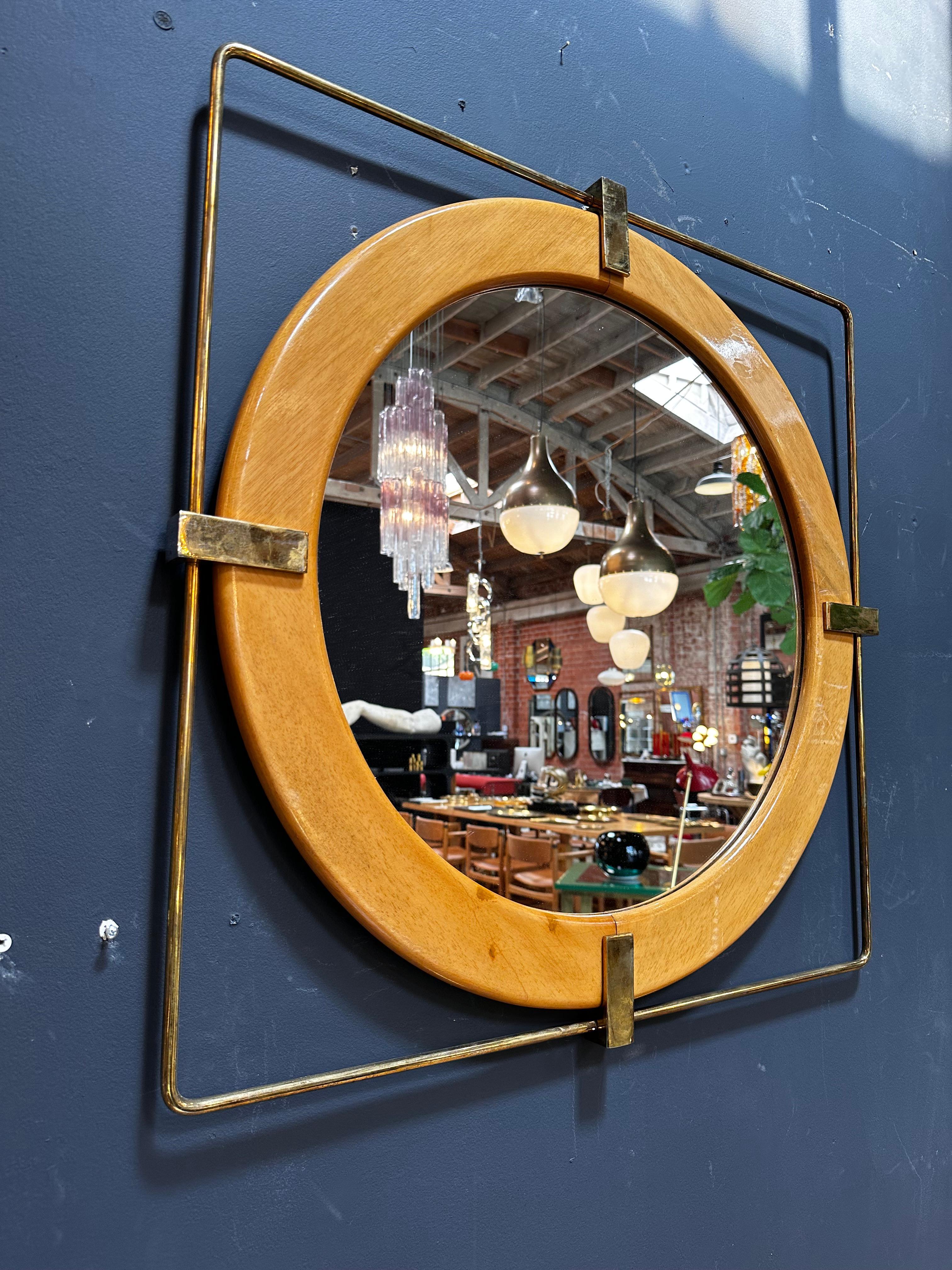 Mid-Century Modern Vintage and Unique Brass Square and Wood Wall Mirror 1980s For Sale