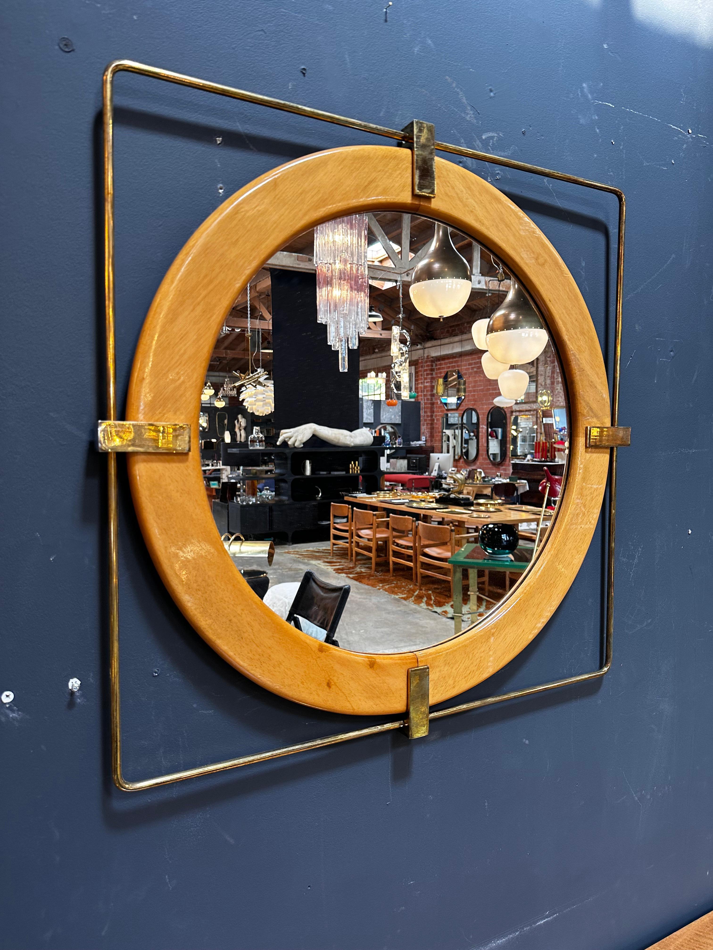 Vintage and Unique Brass Square and Wood Wall Mirror 1980s In Good Condition For Sale In Los Angeles, CA