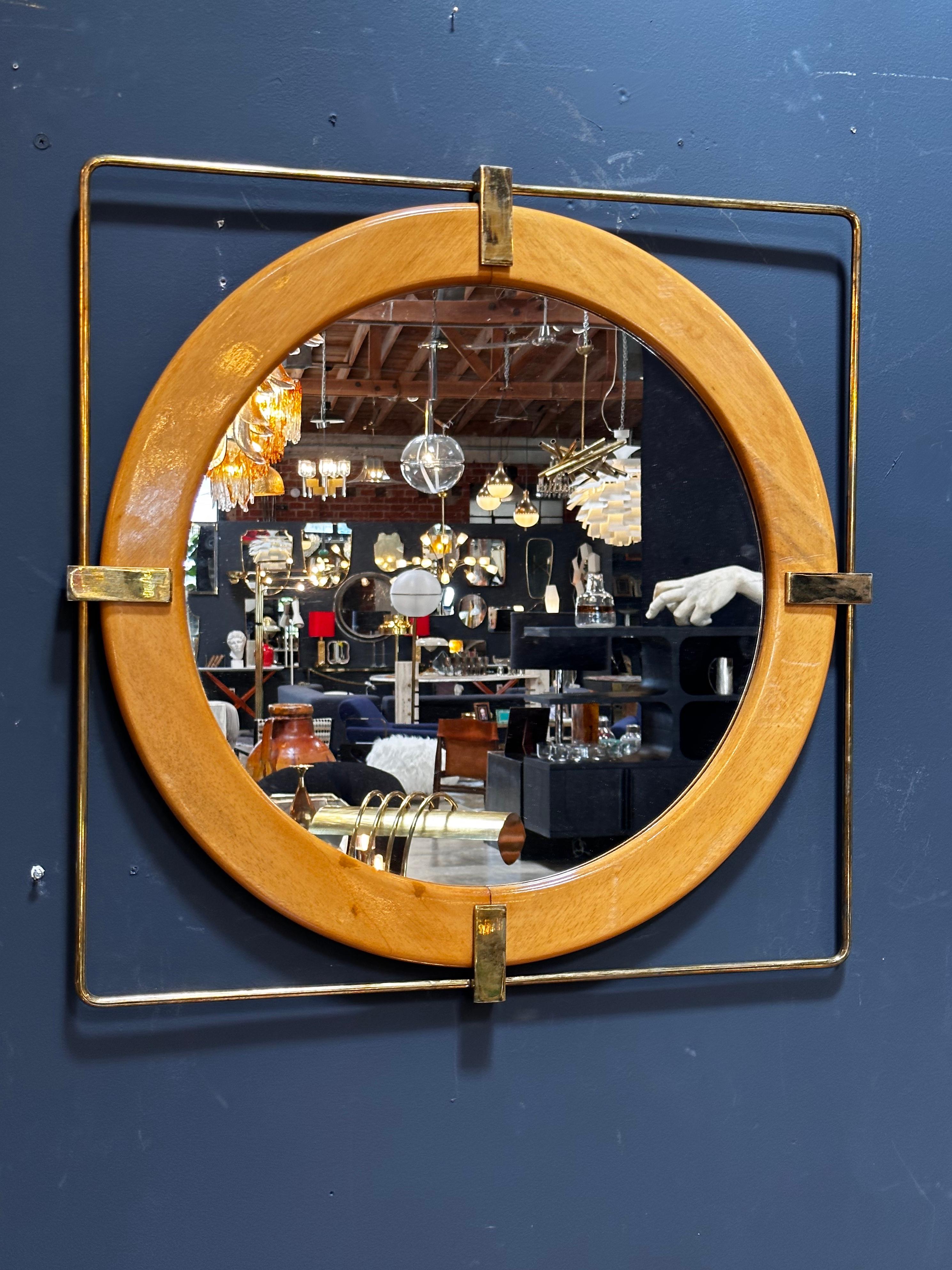 Late 20th Century Vintage and Unique Brass Square and Wood Wall Mirror 1980s For Sale