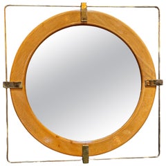 Specchio da parete in ottone quadrato e legno, vintage e unico, anni '80