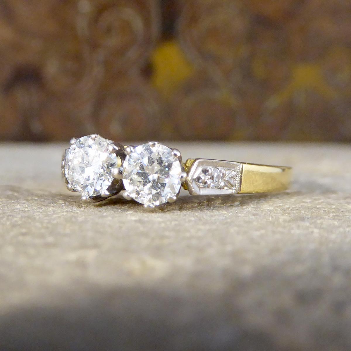 Old European Cut Vintage and Unusual Old Cut Diamond Two Stone Ring in 18ct Gold For Sale