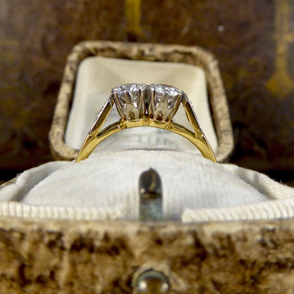 Vintage and Unusual Old Cut Diamond Two Stone Ring in 18ct Gold For Sale 1