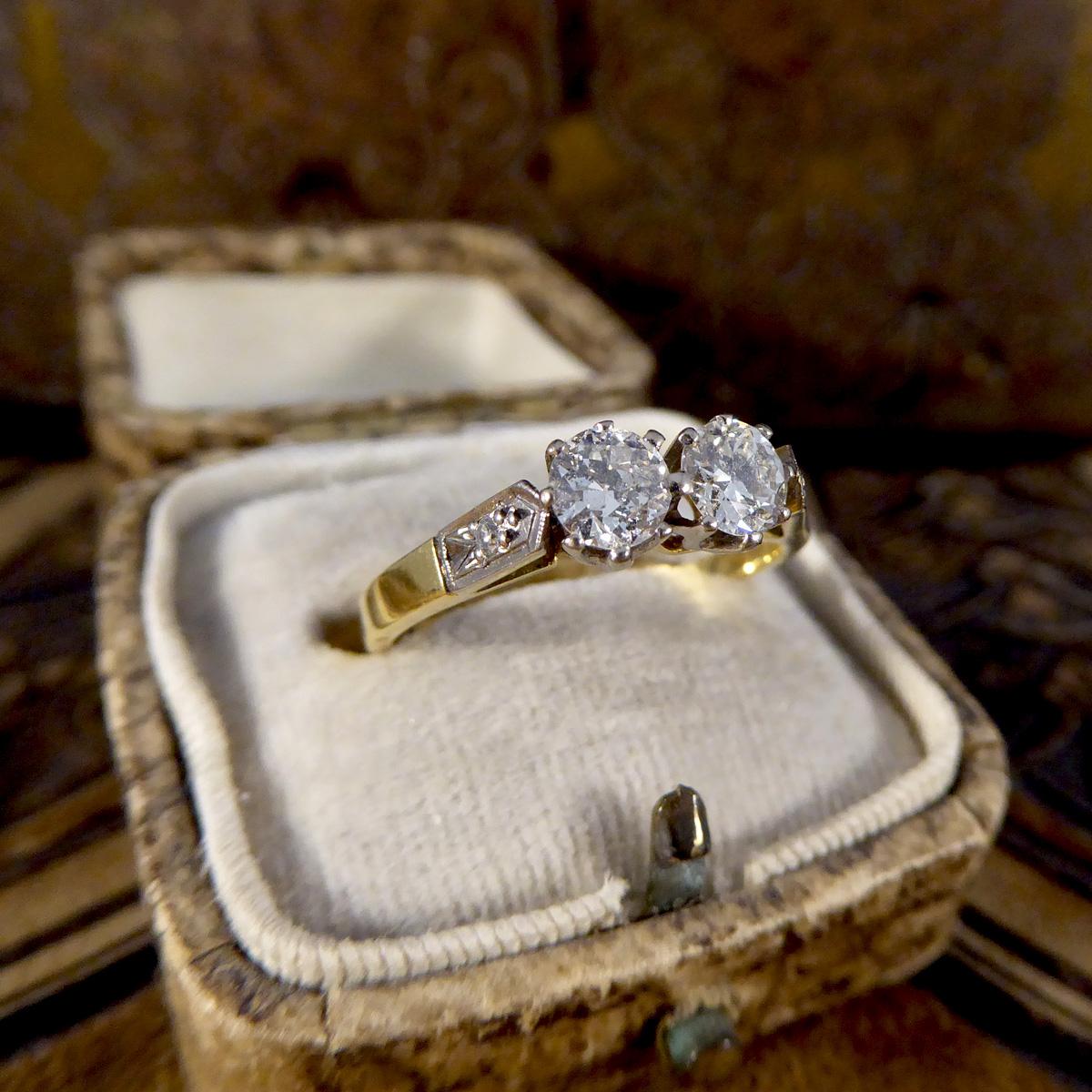Vintage and Unusual Old Cut Diamond Two Stone Ring in 18ct Gold For Sale 2