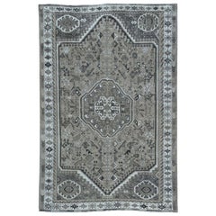 Used and Worn Down Distressed Colors Persian Qashqai Hand Knotted Rug 