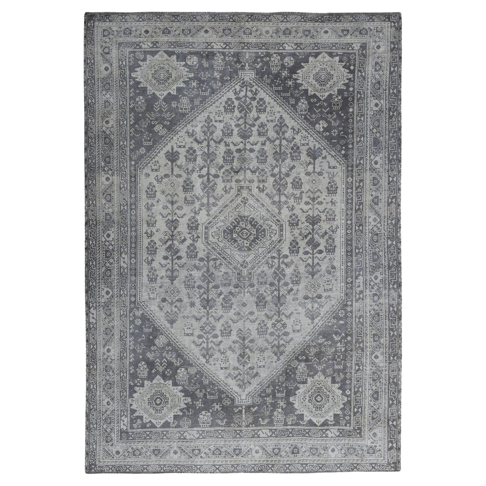 Vintage And Worn Down Distressed Colors Persian Shiraz Hand Knotted Bohemian Rug For Sale