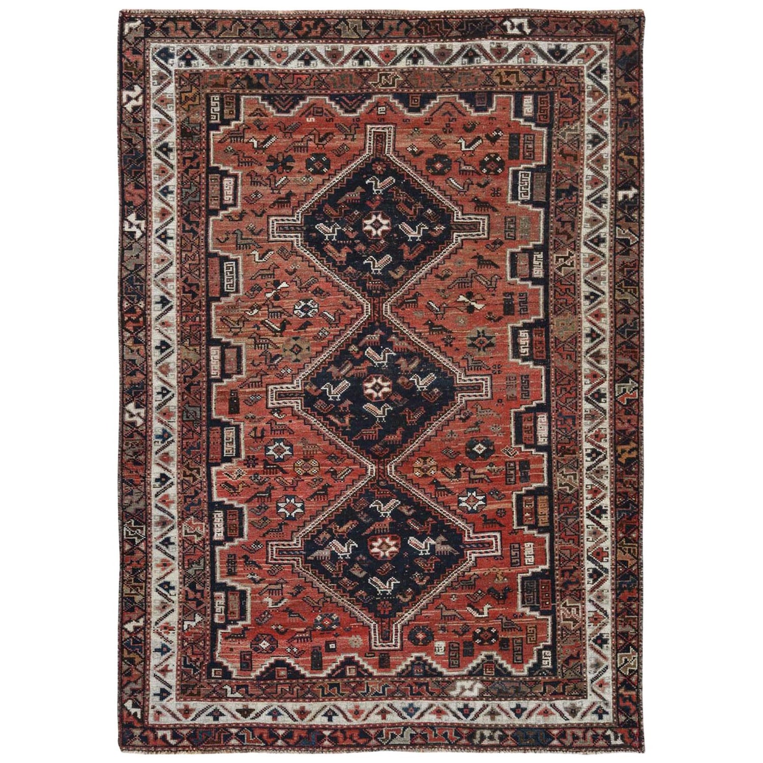 Vintage and Worn Down Persian Shiraz Hand Knotted Clean Oriental Rug For  Sale at 1stDibs