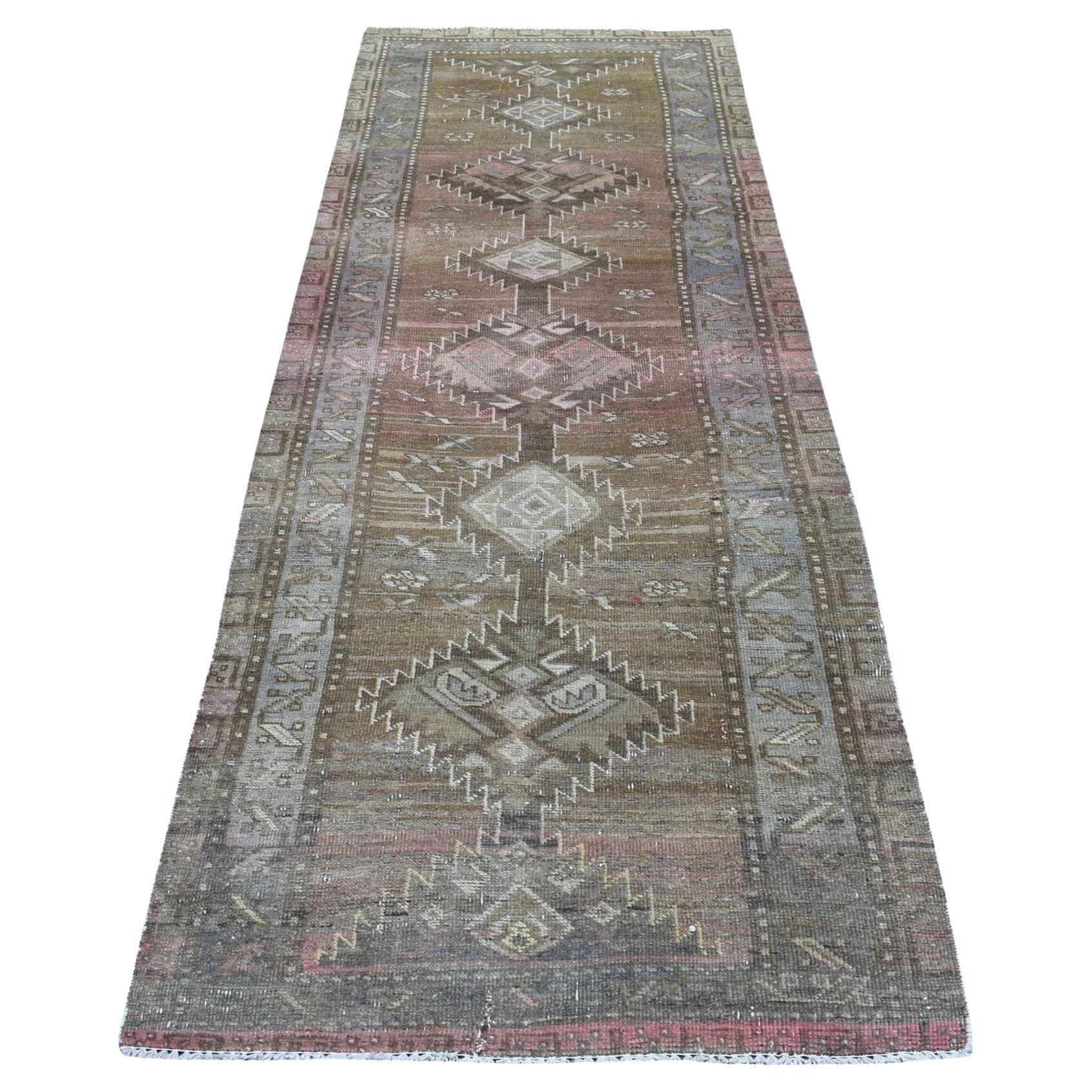 Vintage and Worn Down Persian Shiraz Wide Runner Hand Knotted Bohemian Rug For Sale