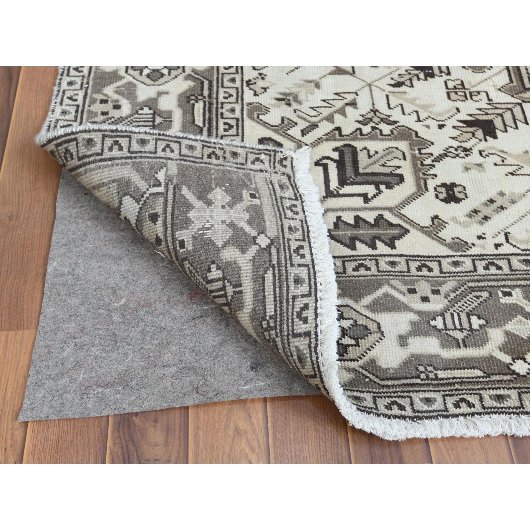 Hand-Knotted Vintage and Washed Out Ivory Persian Heriz Soft Wool Hand Knotted Oriental Rug