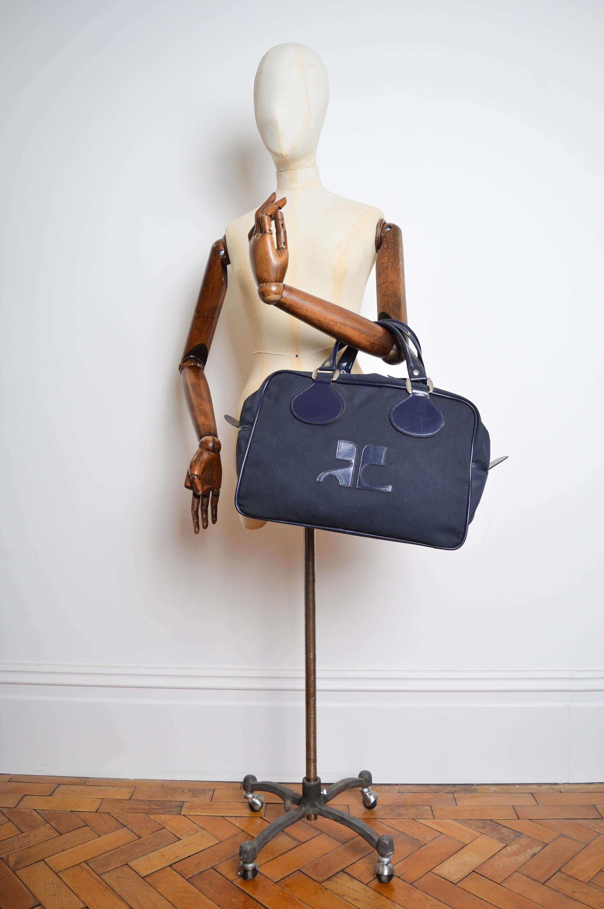 Vintage André Courrèges Navy Blue Vinyl & Cloth Holdall Carry on - Luggage Bag Baggage Bag en vente 5