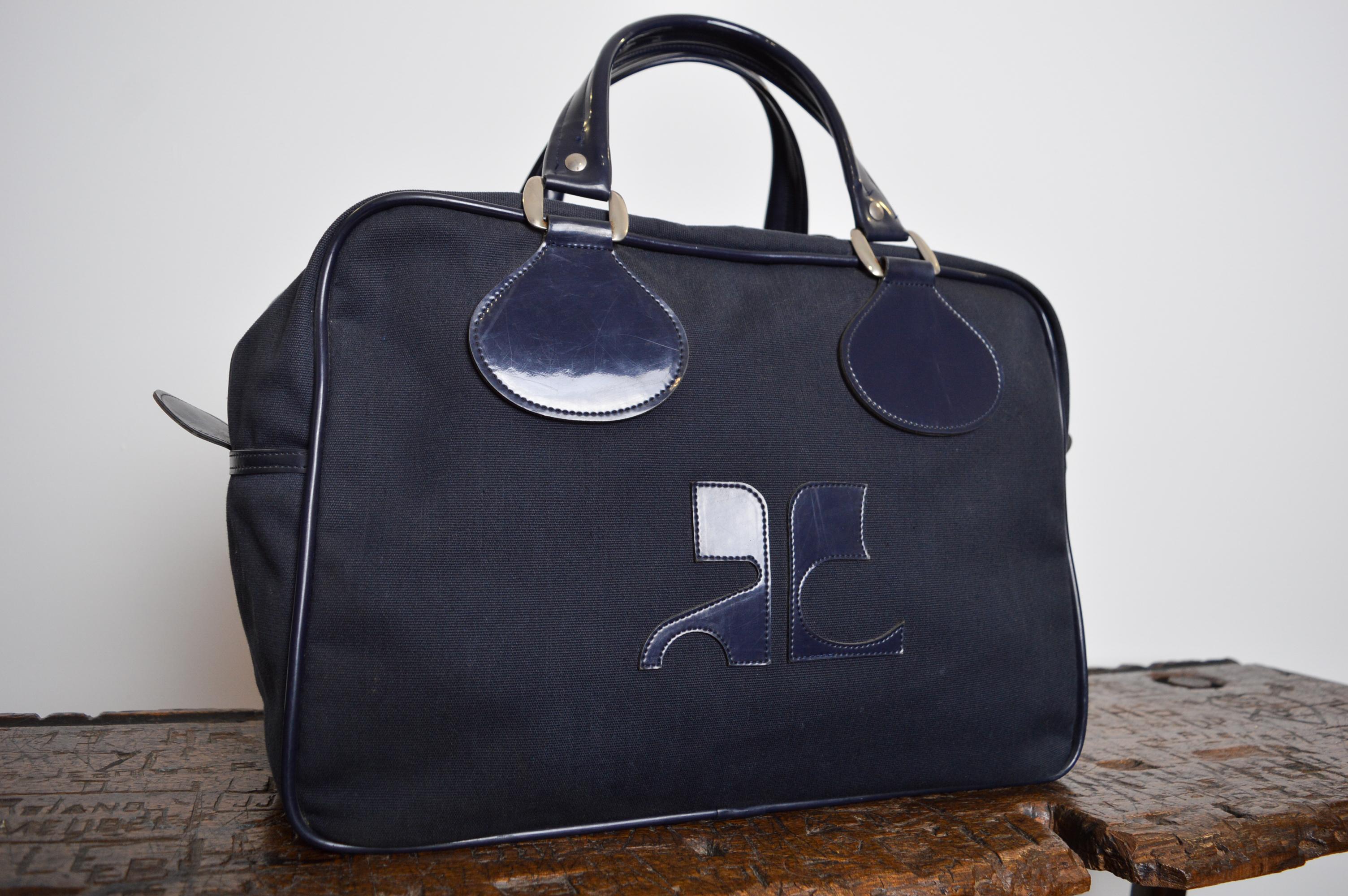 Vintage André Courrèges Navy Blue Vinyl & Cloth Holdall Carry on - Luggage Bag For Sale 1