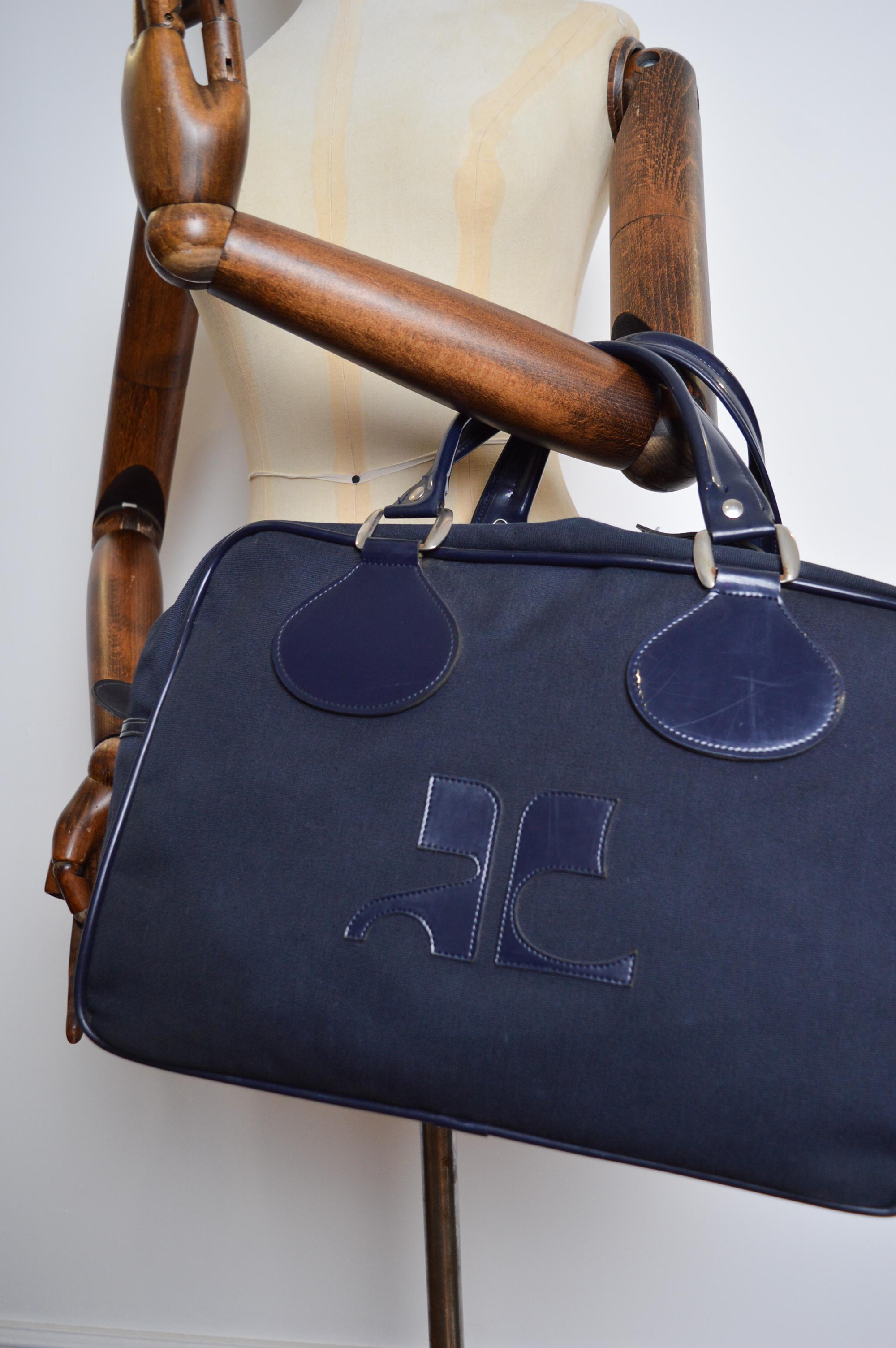 Vintage André Courrèges Navy Blue Vinyl & Cloth Holdall Carry on - Luggage Bag For Sale 4