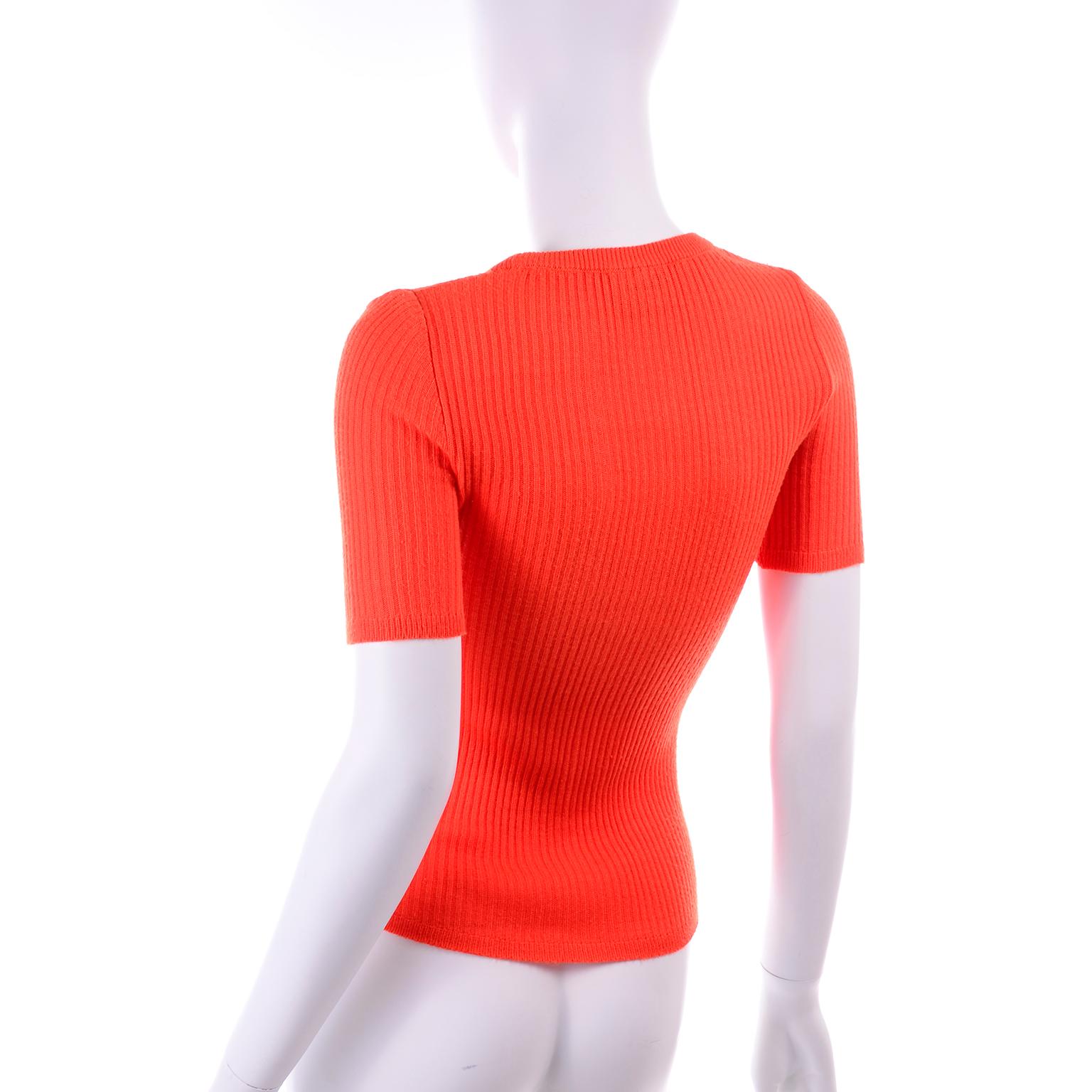 Red Vintage Andre Courreges Paris Orange Ribbed 1970s Top W/ Embroidered Logo