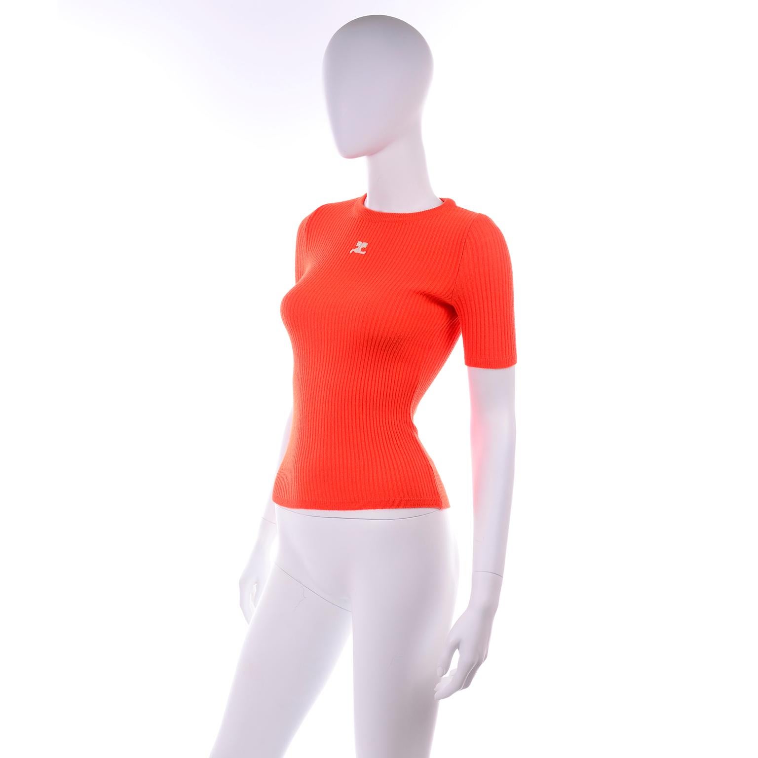 Vintage Andre Courreges Paris Orange Ribbed 1970s Top W/ Embroidered Logo In Excellent Condition In Portland, OR