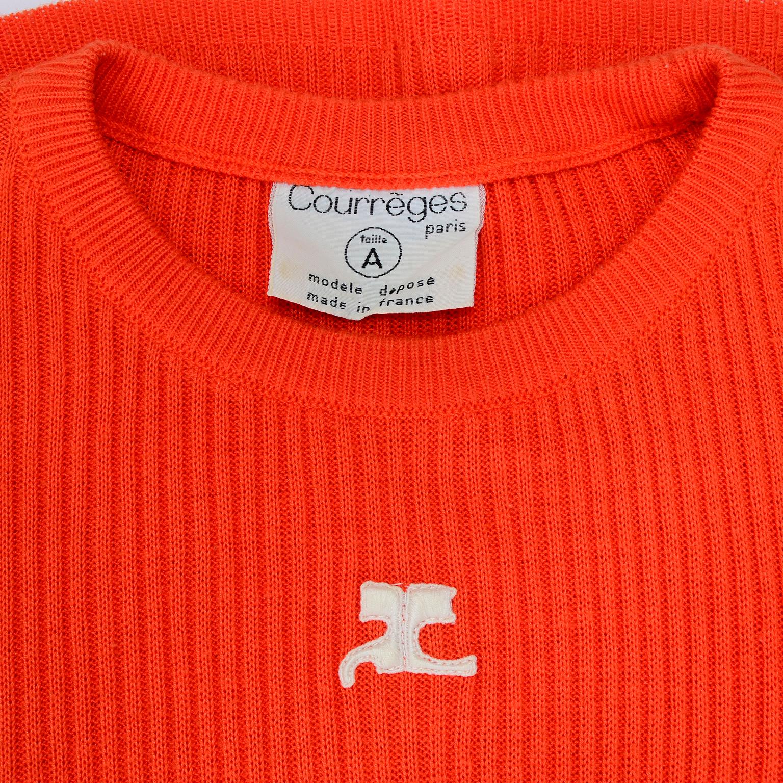 Vintage Andre Courreges Paris Orange Ribbed 1970s Top W/ Embroidered Logo 1