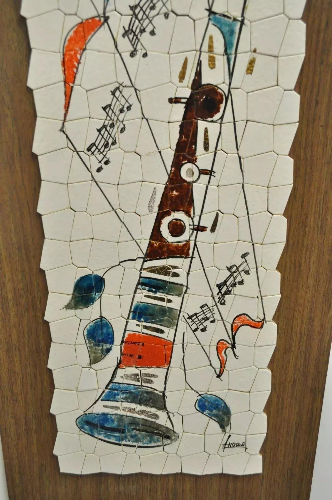 Vintage Andre Mid Century Modernist Abstract Music Instrument Tile Wall Art Pair For Sale 3