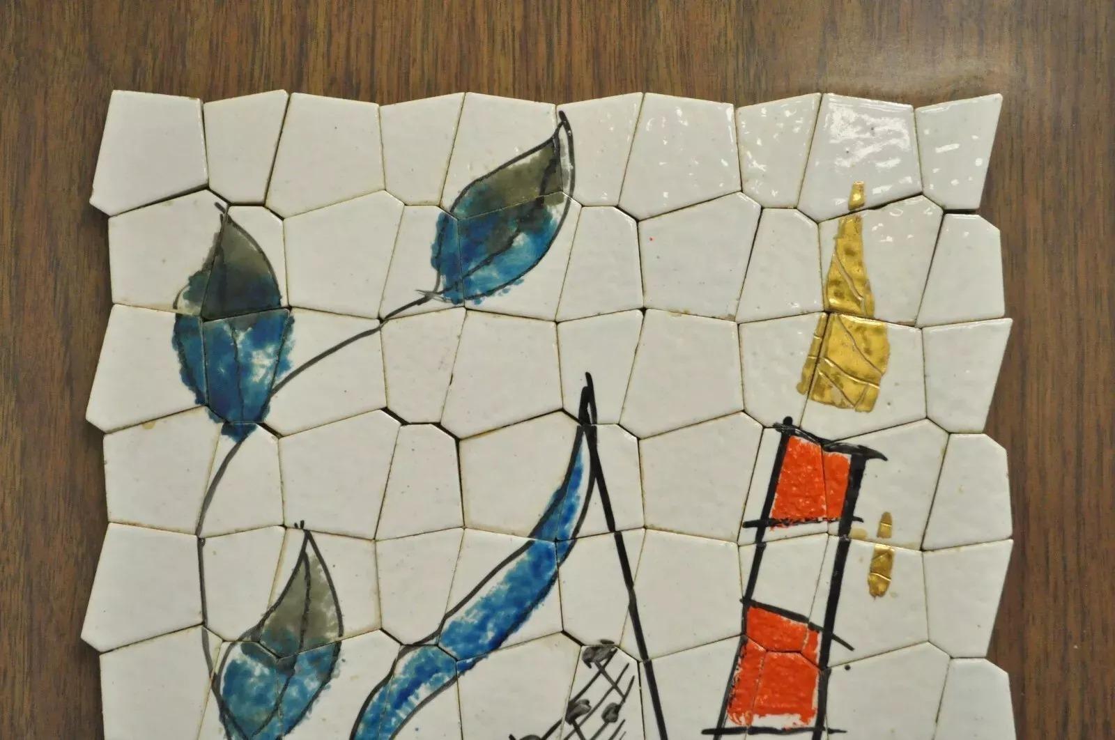 Vintage Andre Mid Century Modernist Abstract Music Instrument Tile Wall Art Pair For Sale 4