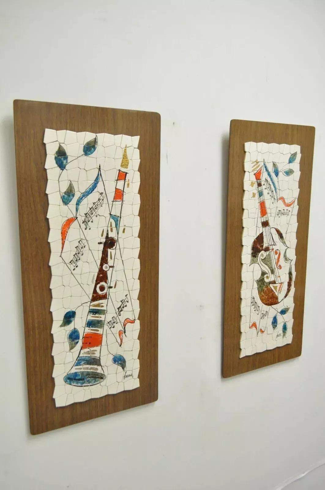 Vintage Andre Mid Century Modernist Abstract Music Instrument Tile Wall Art Pair For Sale 5