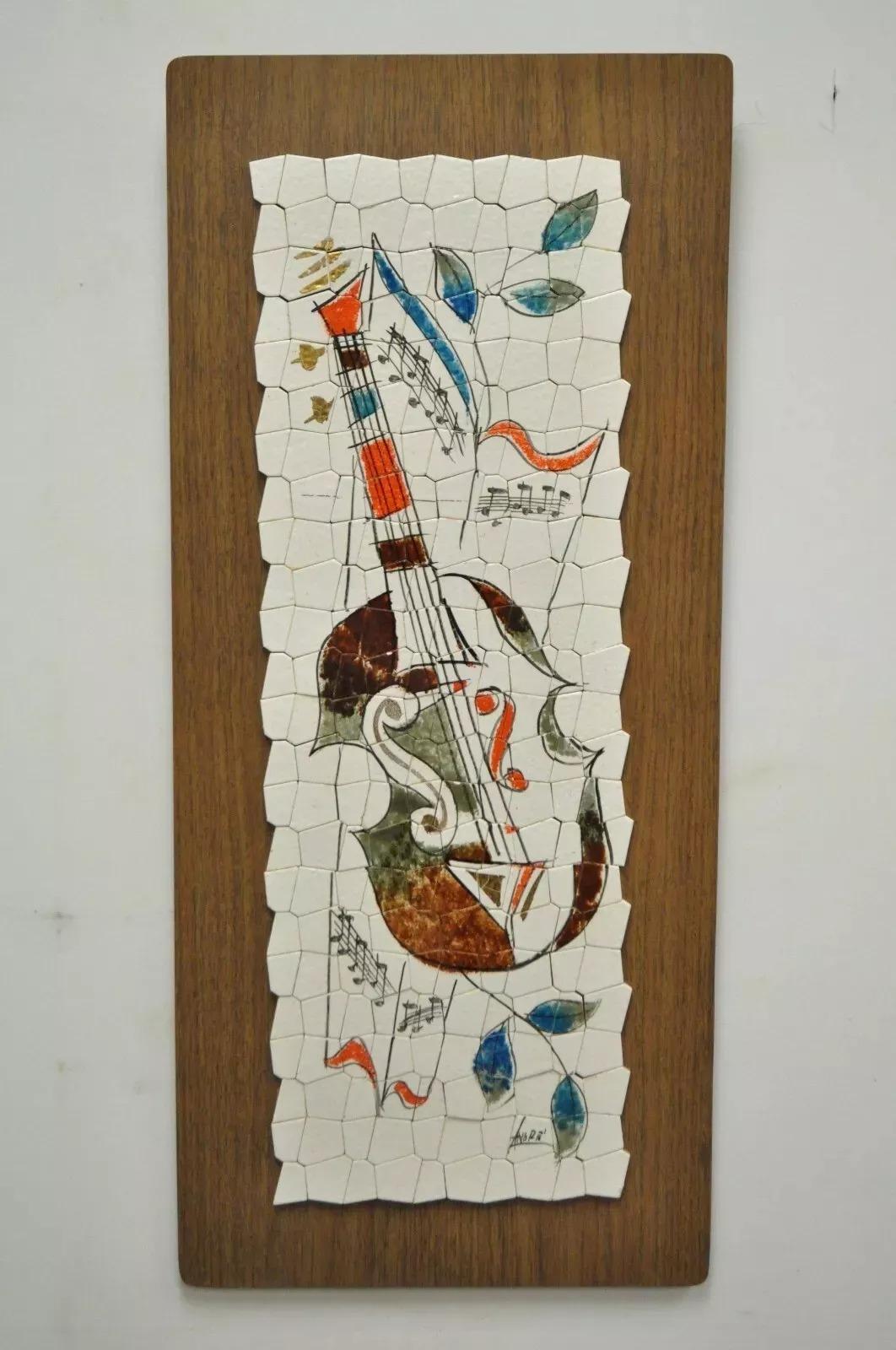 Mid-Century Modern Vintage Andre Mid Century Modernist Abstract Music Instrument Tile Wall Art Pair For Sale