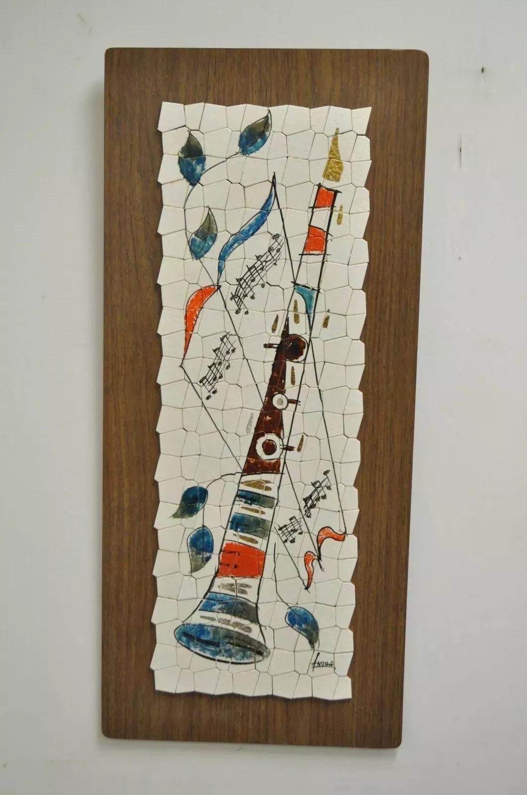 Unknown Vintage Andre Mid Century Modernist Abstract Music Instrument Tile Wall Art Pair For Sale