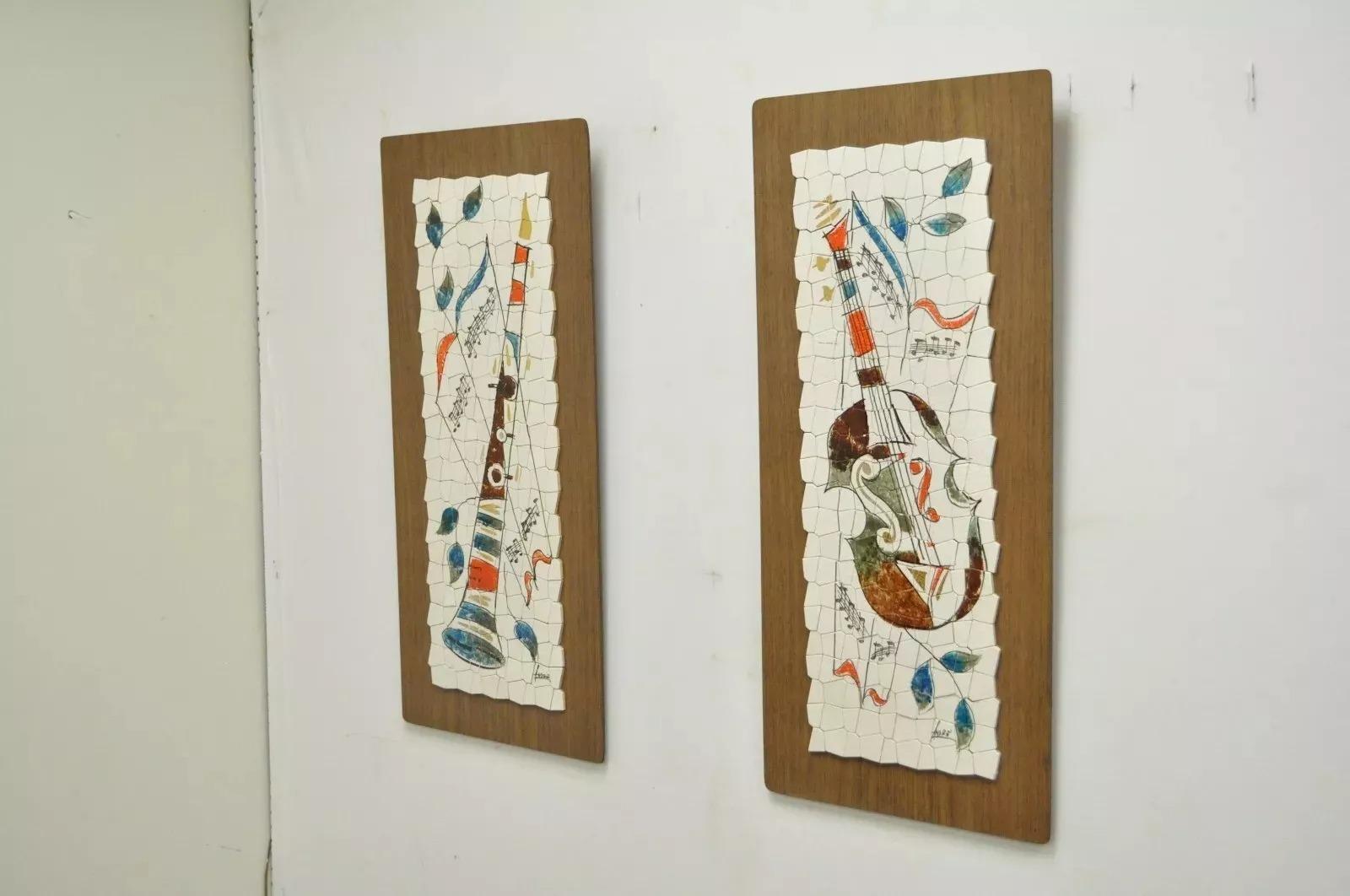Vintage Andre Mid Century Modernist Abstract Music Instrument Tile Wall Art Pair In Good Condition For Sale In Philadelphia, PA