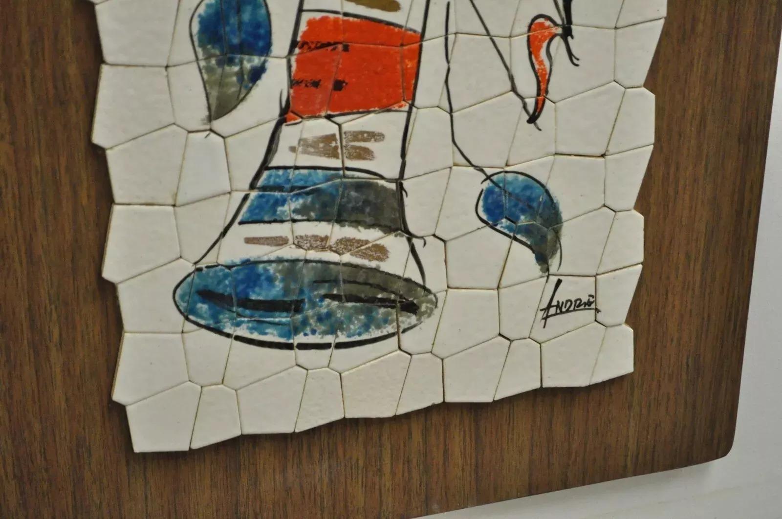 20th Century Vintage Andre Mid Century Modernist Abstract Music Instrument Tile Wall Art Pair For Sale