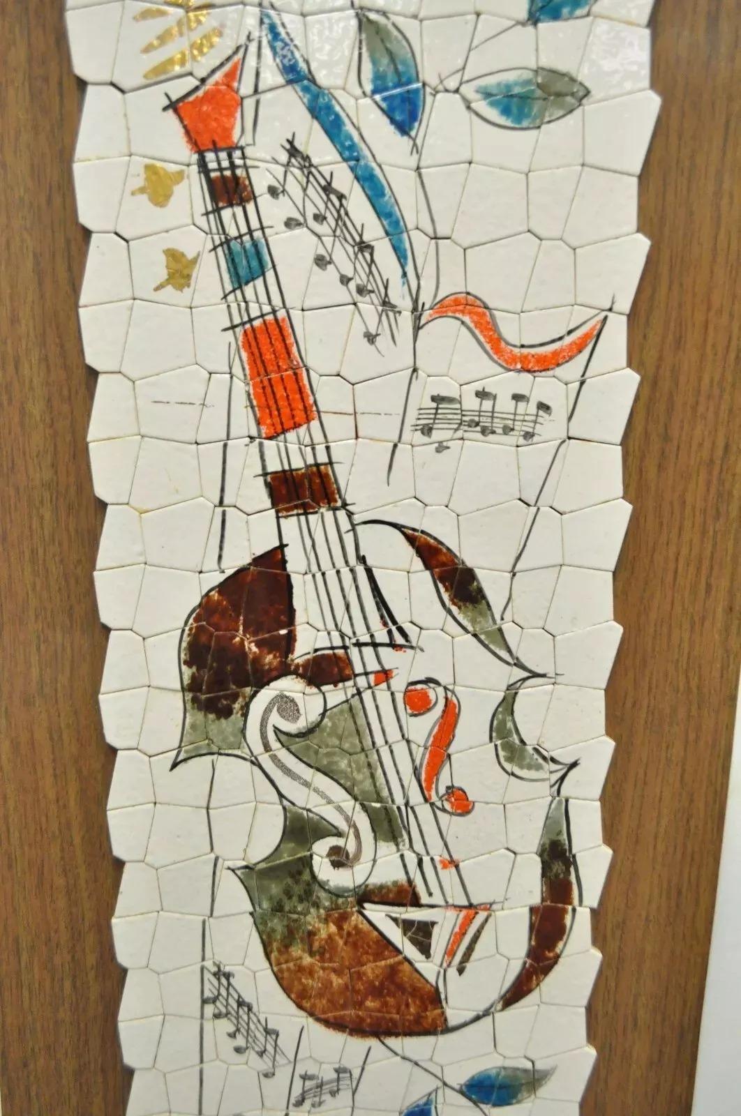 Vintage Andre Mid Century Modernist Abstract Music Instrument Tile Wall Art Pair For Sale 2