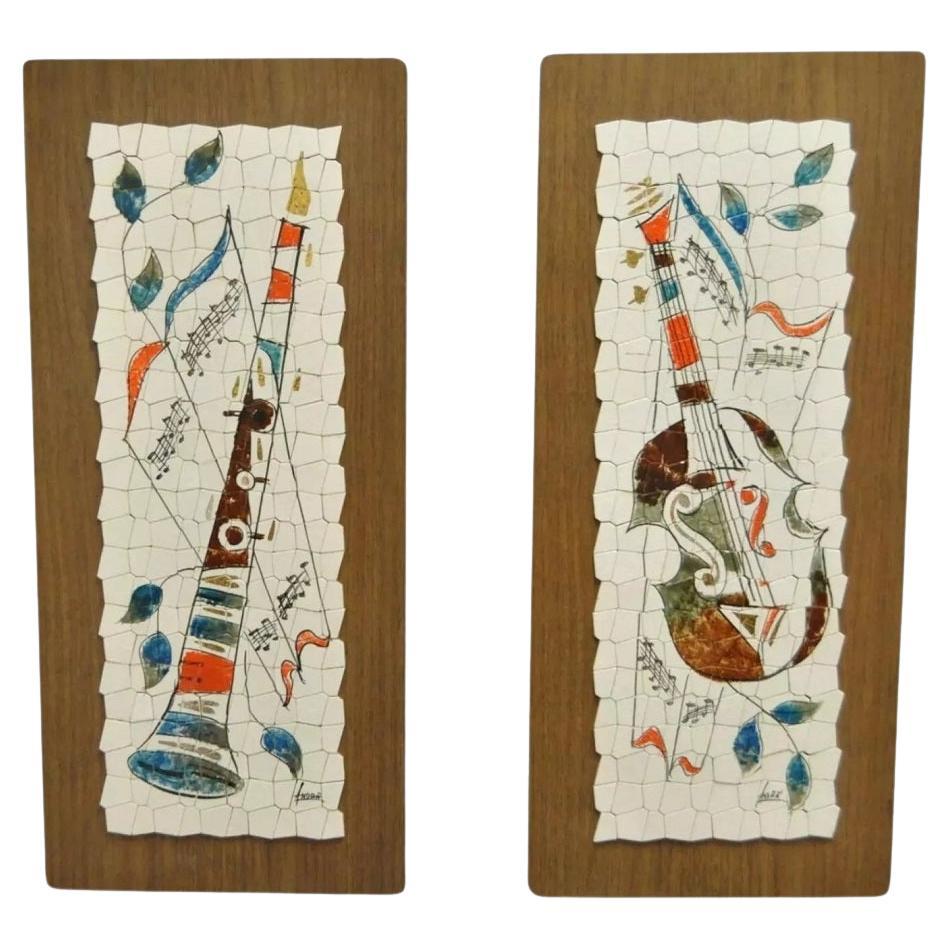 Vintage Andre Mid Century Modernist Abstract Music Instrument Tile Wall Art Pair For Sale