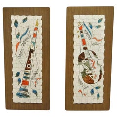 Vintage Andre Mid Century Modernist Abstract Music Instrument Tile Wall Art Pair