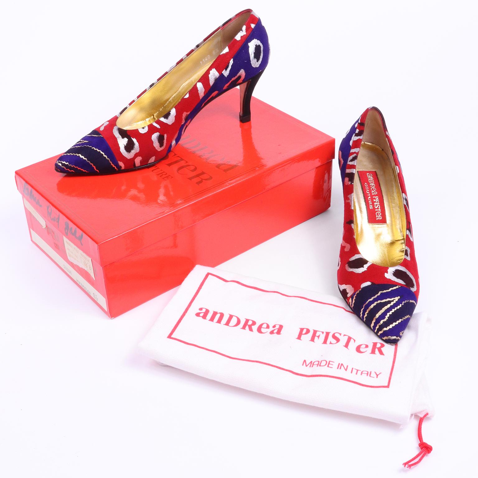 These are really fun vintage Andrea Pfister Couture multicolor suede pumps in a size 6 and 1/2. The shoes come with their original box and dust bag and the box and the style name is Patricia.  The shoes have gold and silver metallic details over