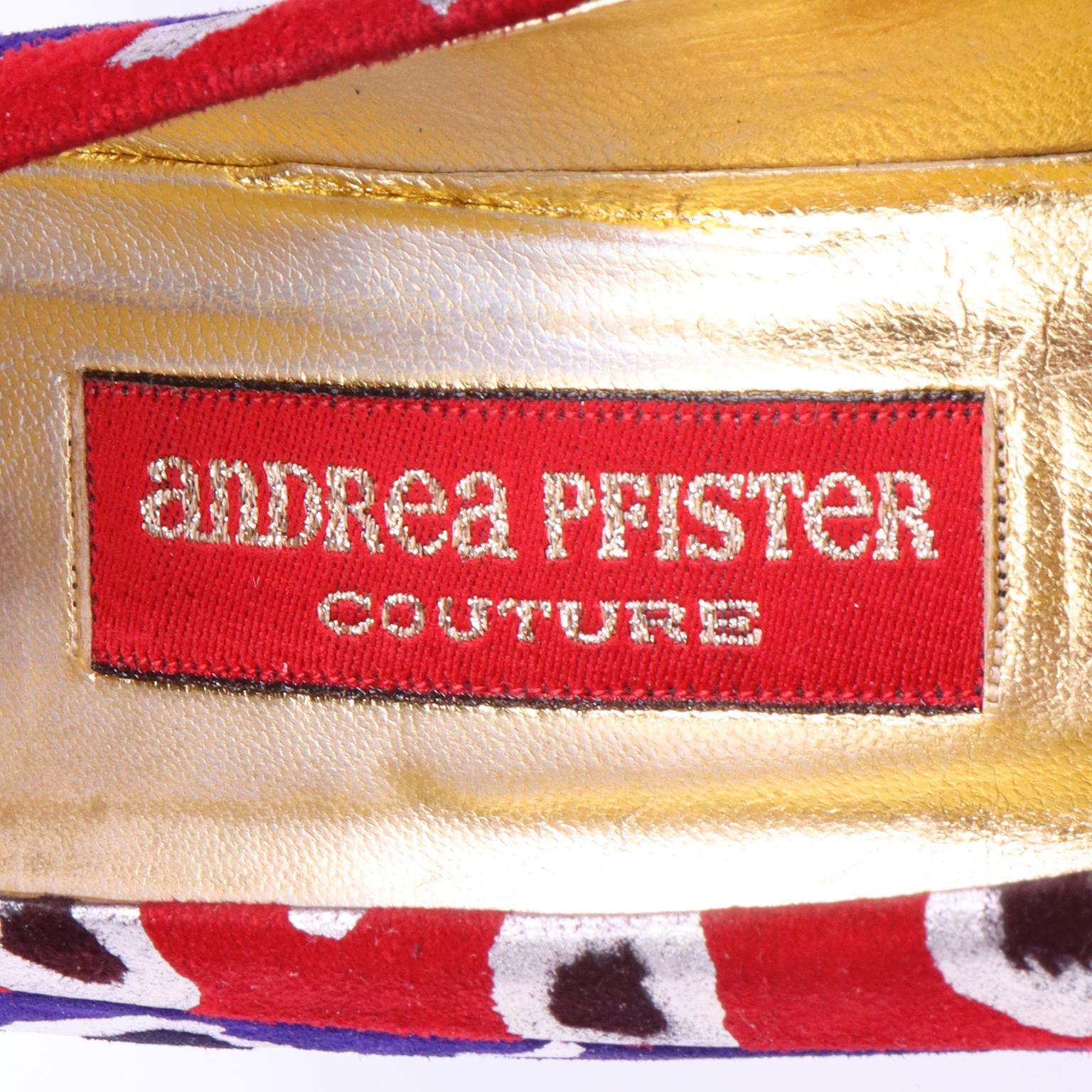 Women's Vintage Andrea Pfister Couture Red & Blue Abstract Leopard Print Suede Shoes For Sale