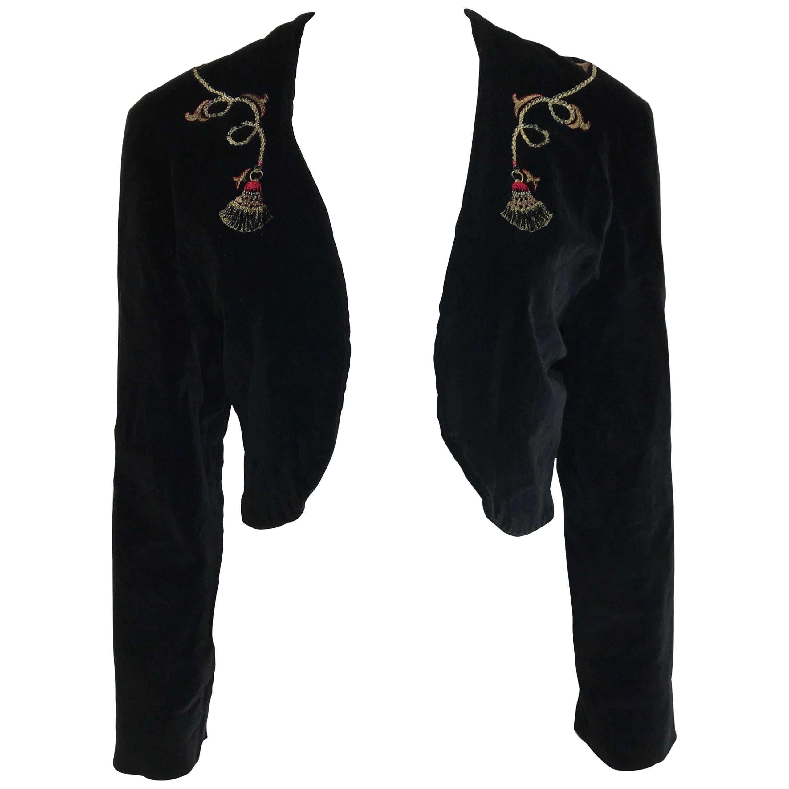 Vintage Andres Belgian Black Velvet Cropped Jacket with Gold Tassel Embroidery For Sale