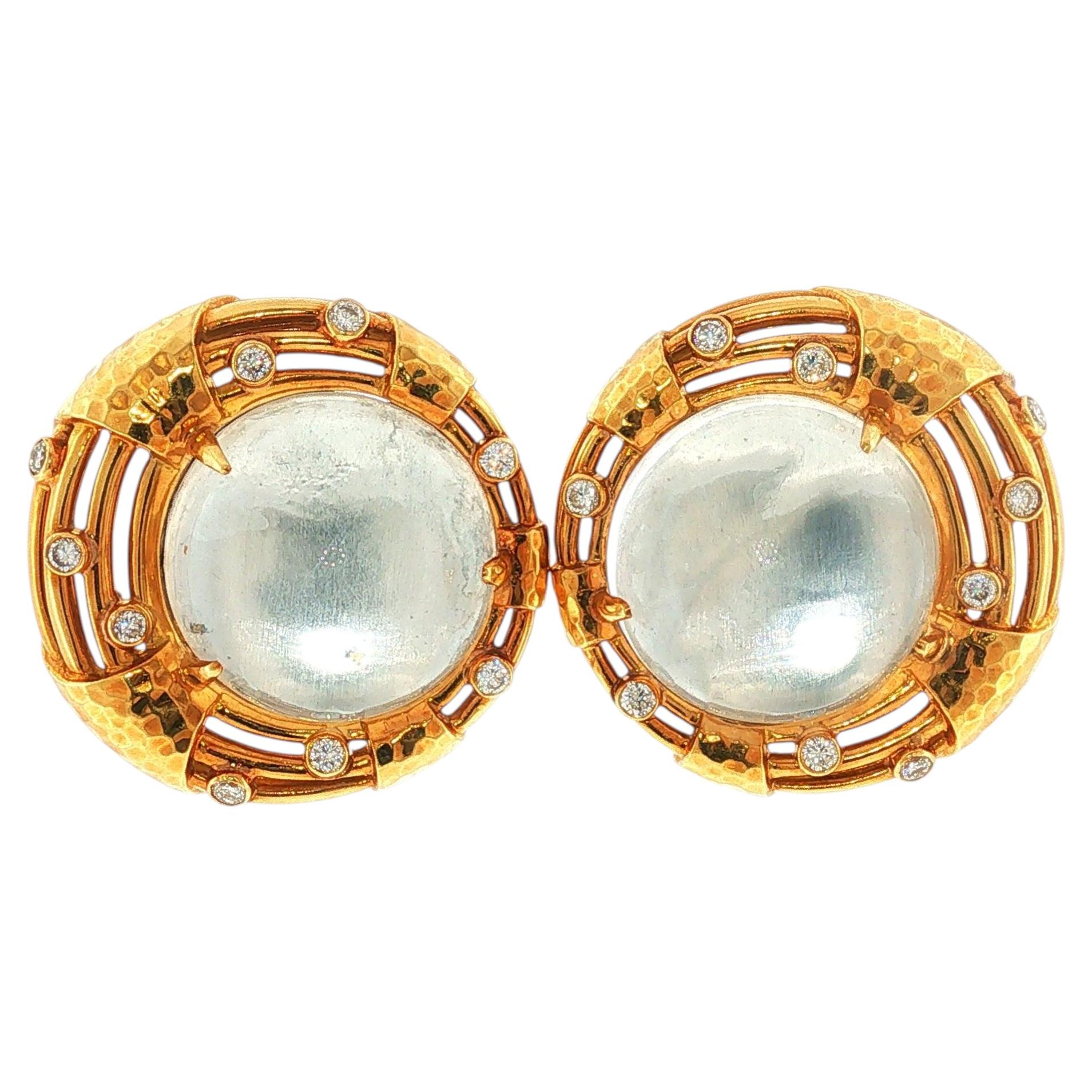 Pendientes vintage de Andrew Clunn con cabujones de cuarzo cristal de roca y diamantes, en oro de 18 quilates