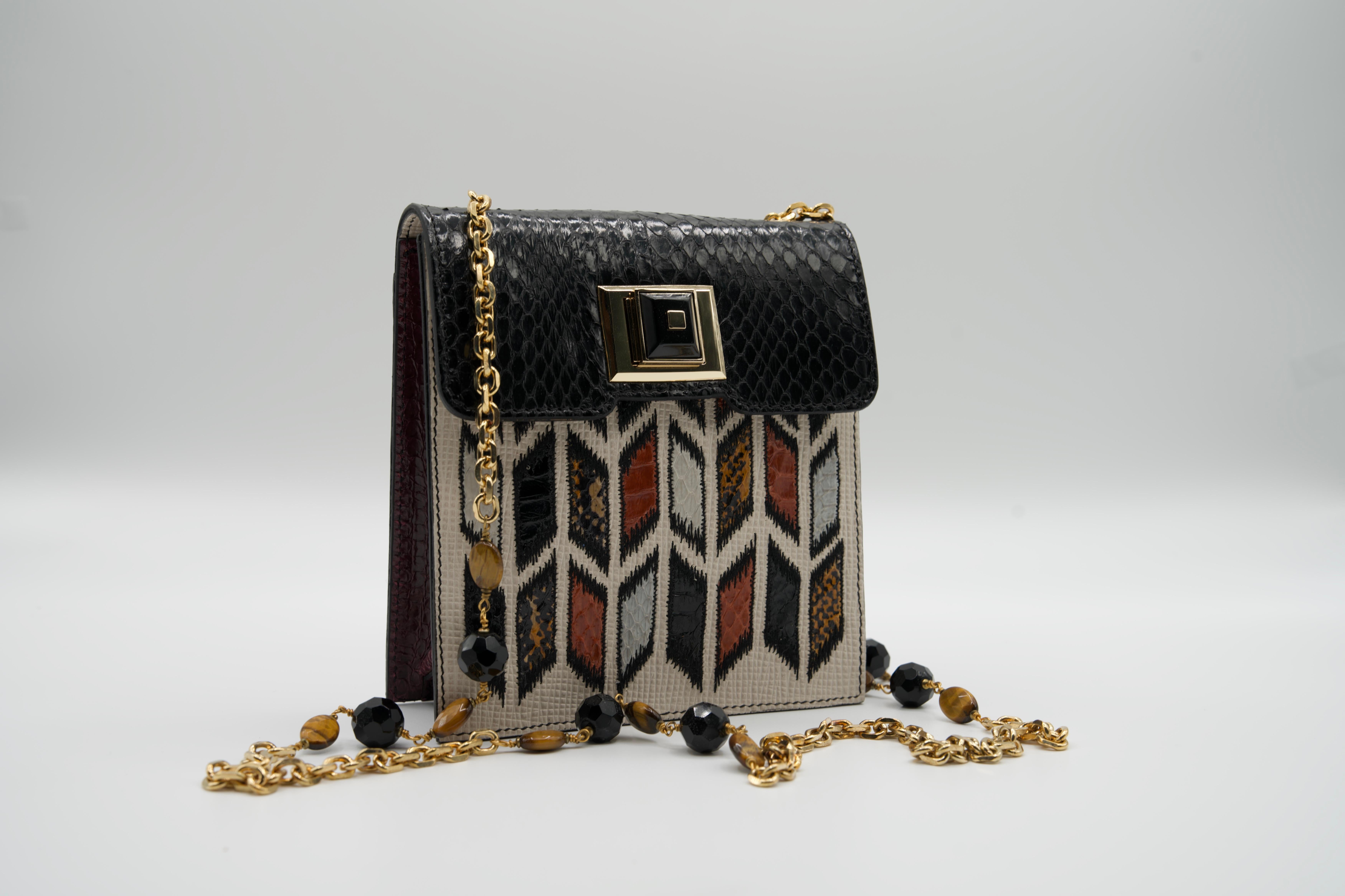 Black Vintage Andrew GN Snakeskin Semi precious Stone Chain Strap Bag For Sale