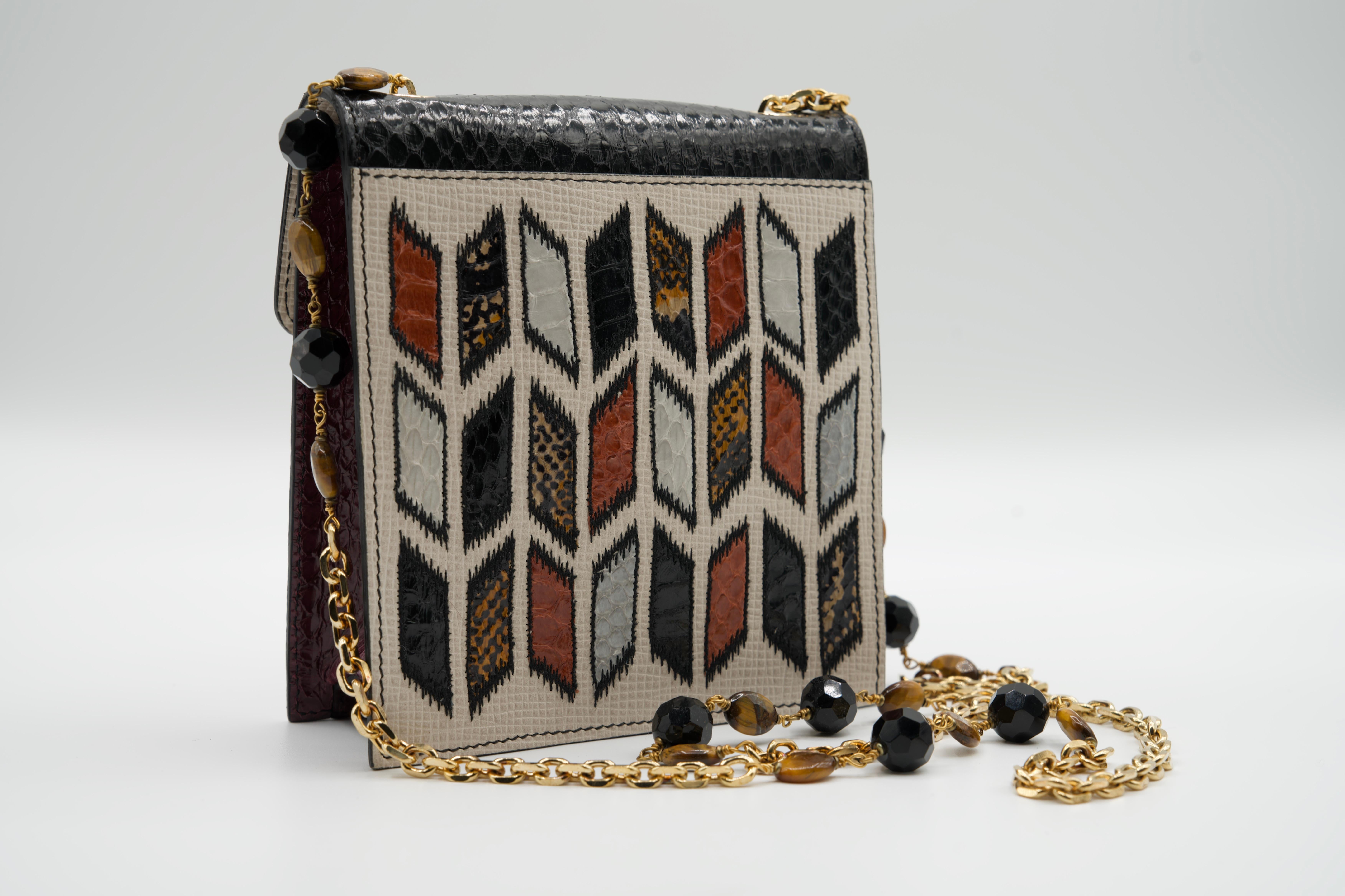Vintage Andrew GN Snakeskin Semi precious Stone Chain Strap Bag In New Condition For Sale In Boca Raton, FL