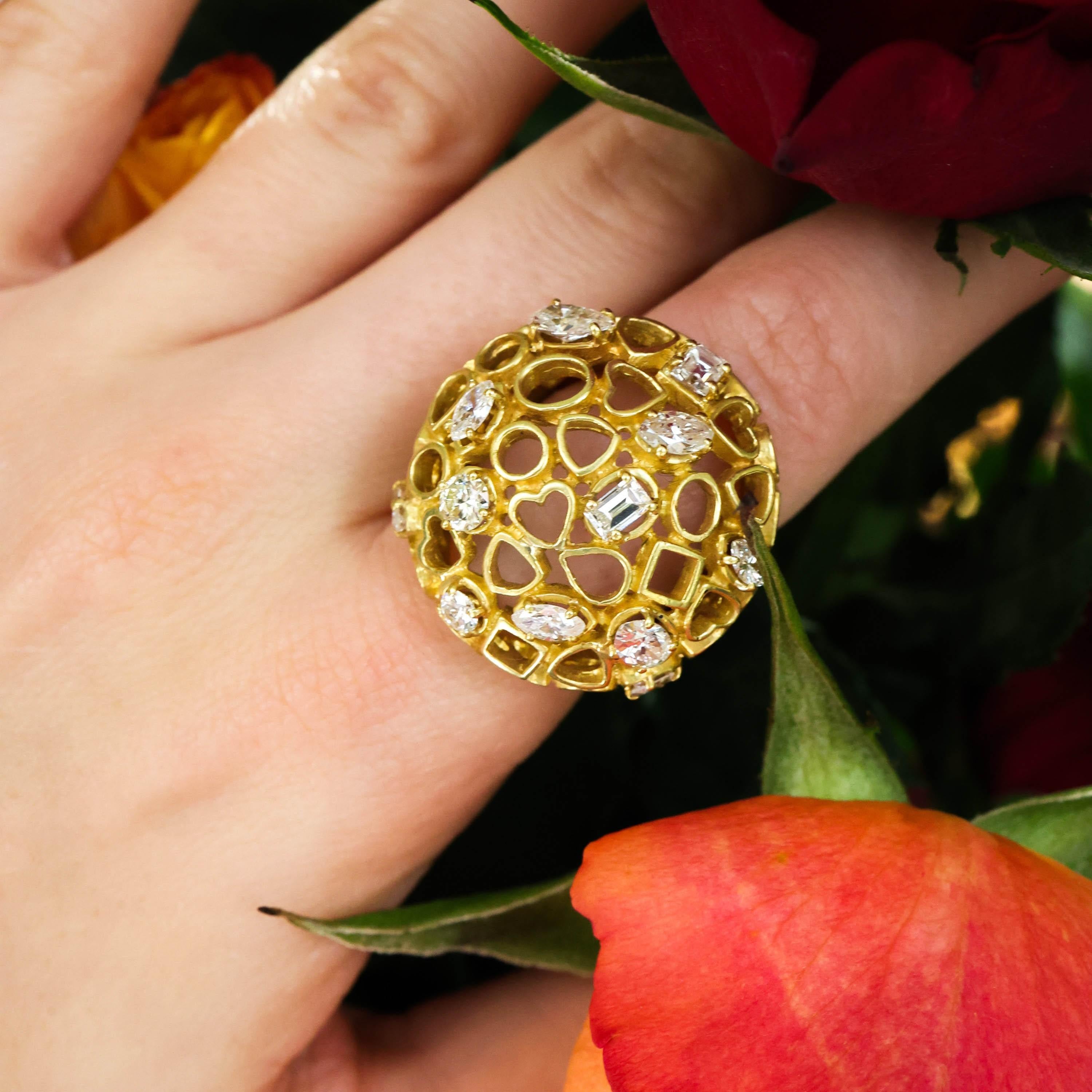 Brilliant Cut Vintage Andrew Grima Diamond and Gold Bombé Ring, 1969 For Sale