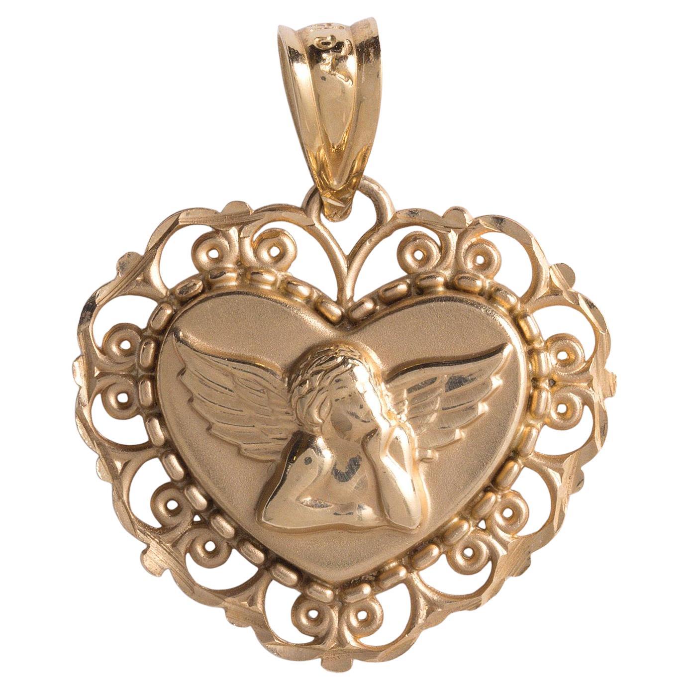 Vintage Engel Cherub Filigran Herz Anhänger Charm 14K Gelbgold im Angebot