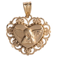 Vintage Engel Cherub Filigran Herz Anhänger Charm 14K Gelbgold