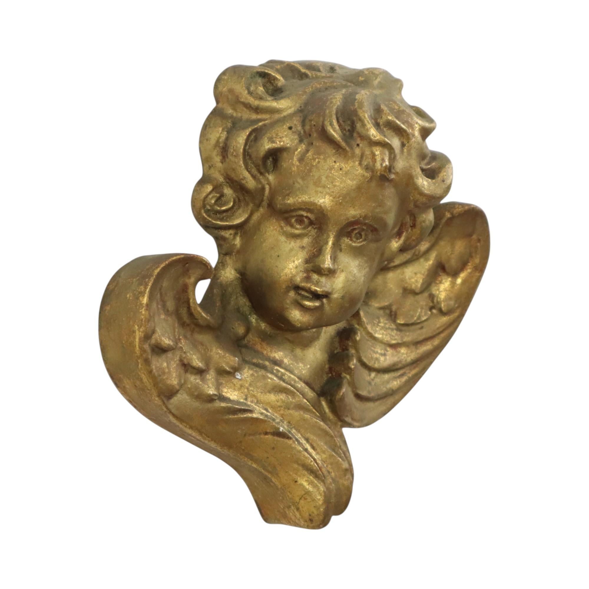 Vintage Engel Cherub Kopf Büste vergoldet Gips Wanddekoration 20cm (Barock) im Angebot