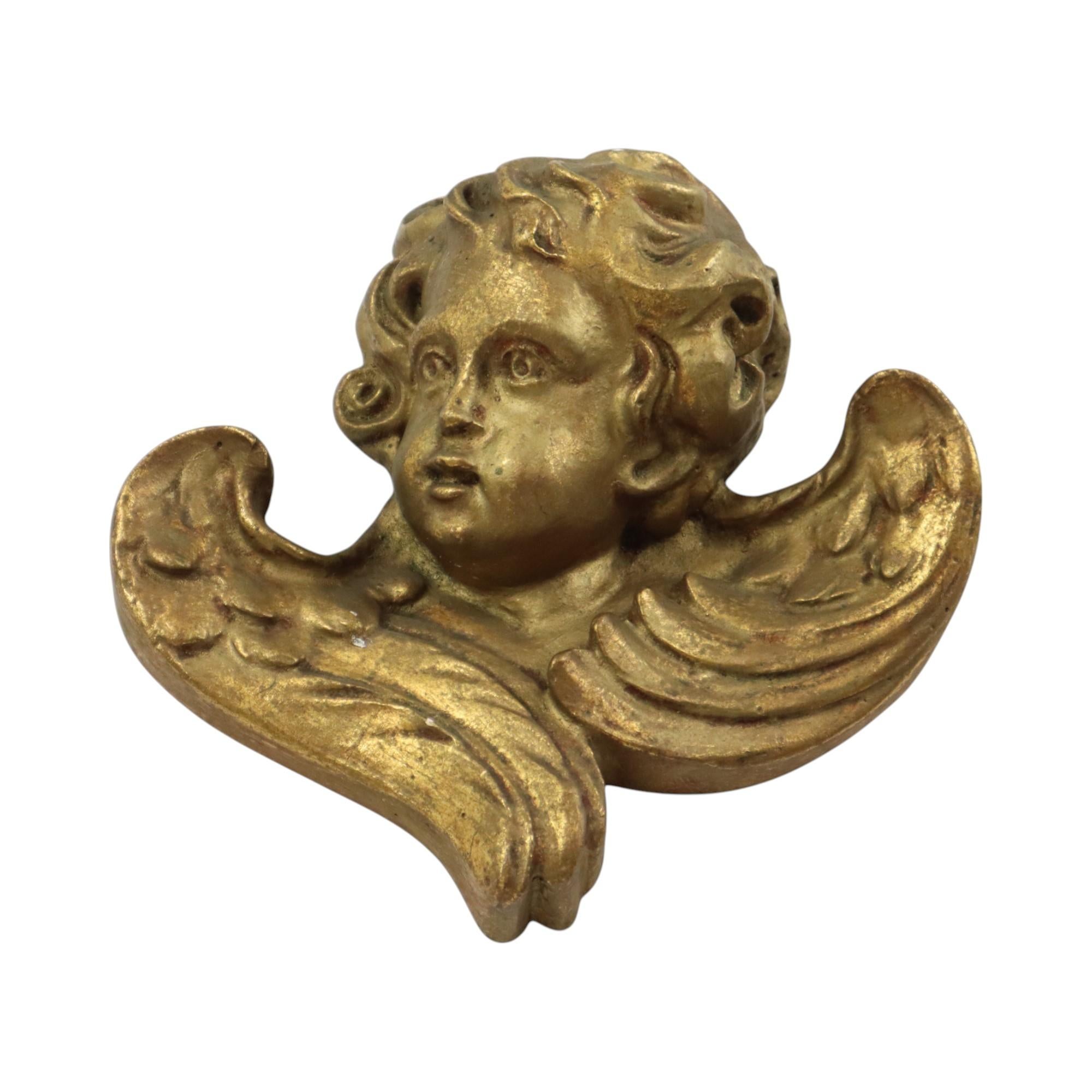 Vintage Engel Cherub Kopf Büste vergoldet Gips Wanddekoration 20cm (Gegossen) im Angebot