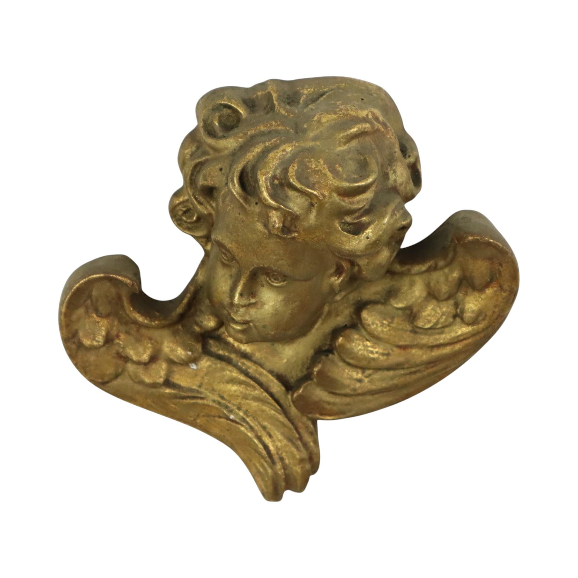 Vintage Engel Cherub Kopf Büste vergoldet Gips Wanddekoration 20cm im Zustand „Gut“ im Angebot in Poperinge, BE