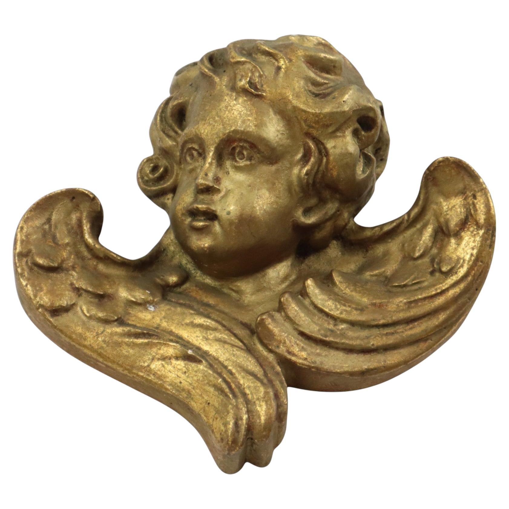 Vintage Angel Cherub Head Bust Gilded Plaster Wall Decoration 20cm