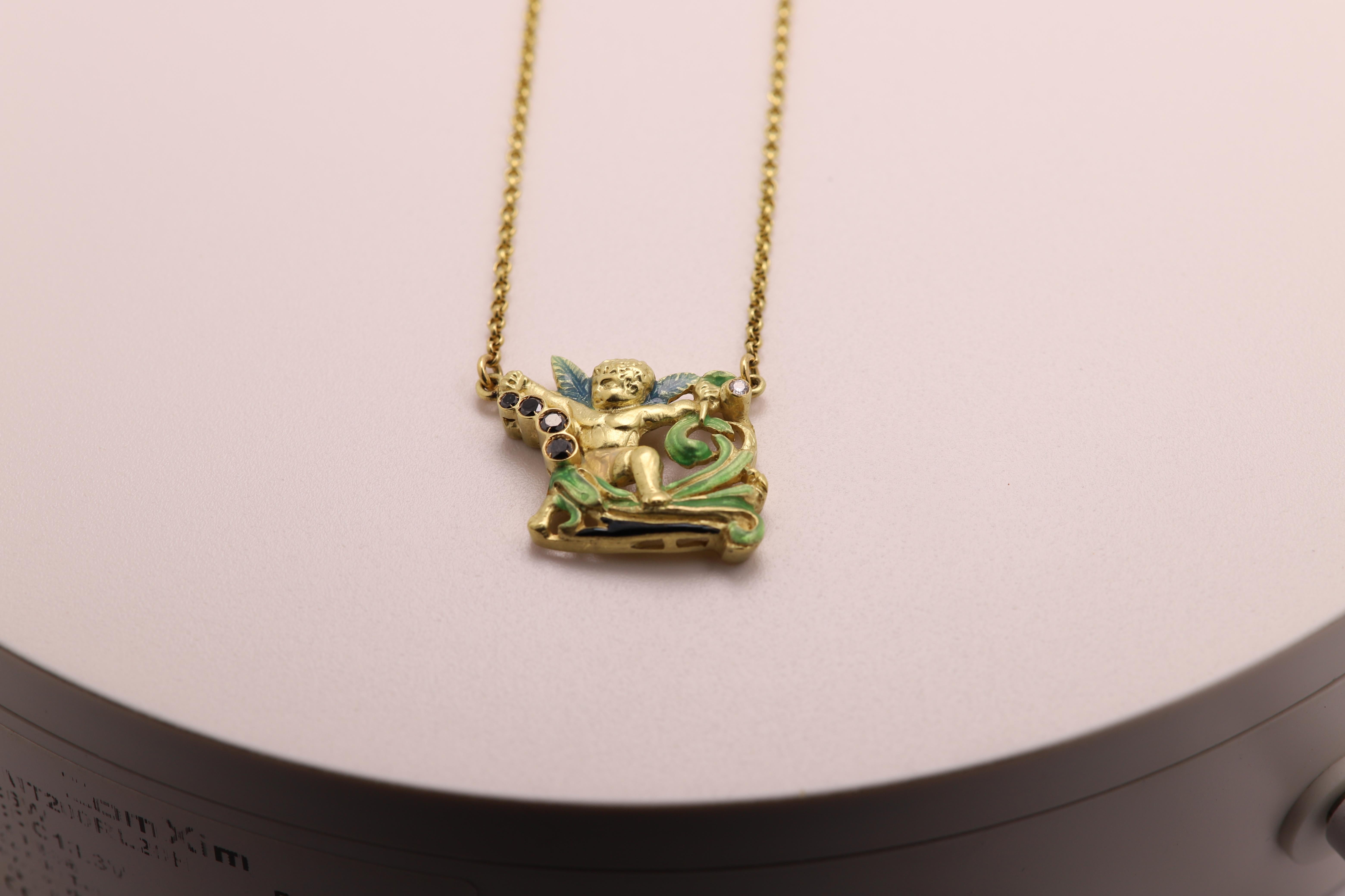 Vintage Angel Nouveau 1910 Halskette aus 18 Karat Gelbgold mit Emaille und Diamanten (Art nouveau)